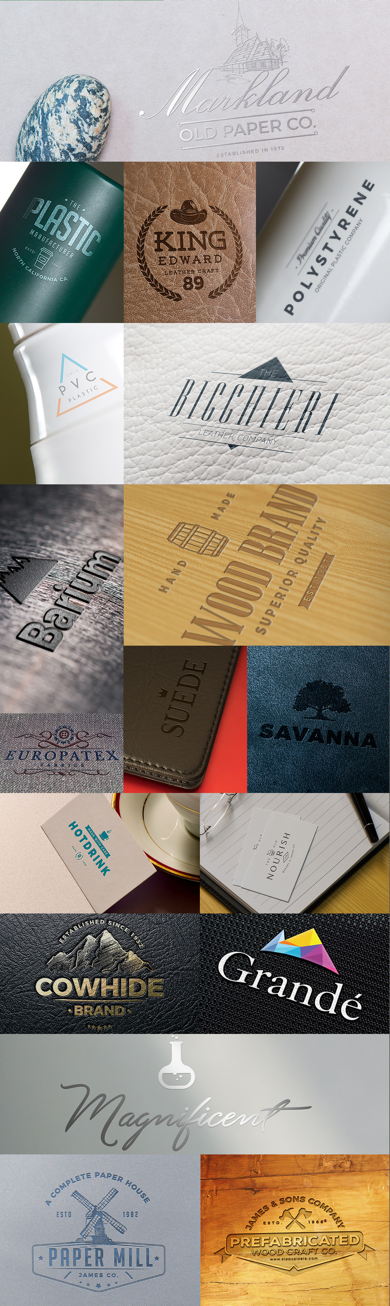 Classic, shining, beautiful Logo Mock-ups on Plastic Bottles, papers, Wood and other Surfaces