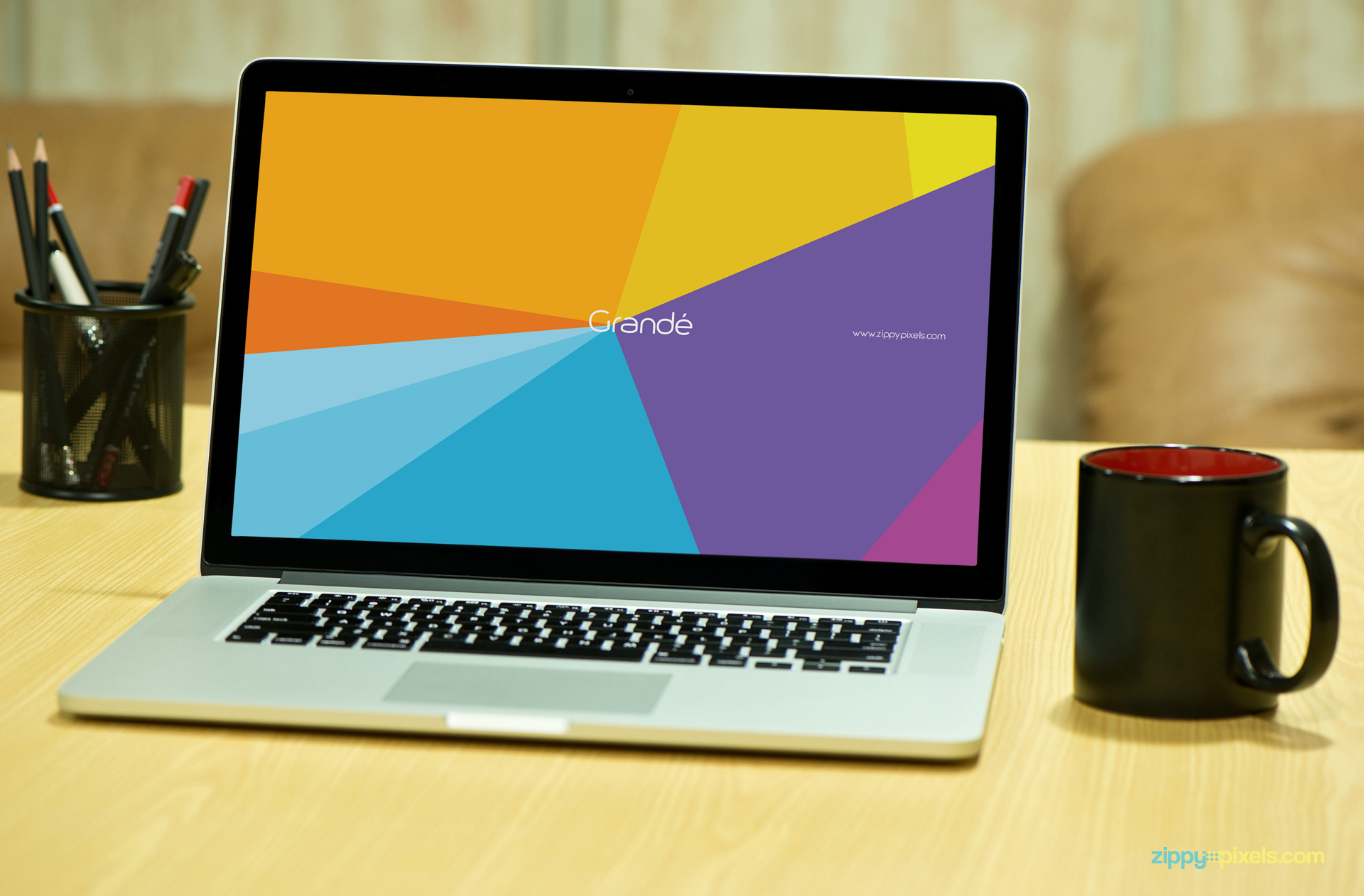 Macbook Pro with Black mug on Table for Mockup