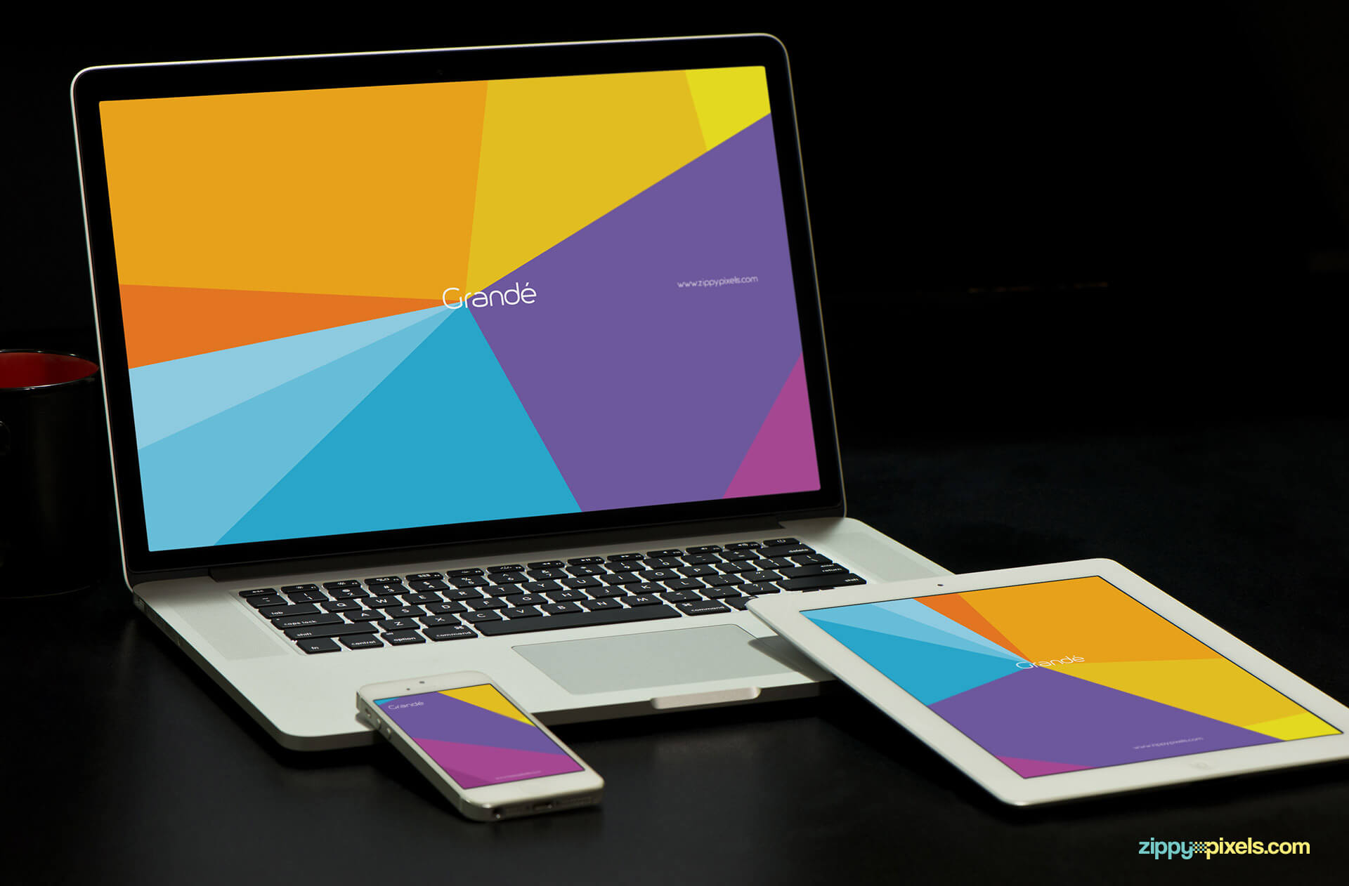 Brand Identity Mockup of iPhone, iPad and Macbook Pro with Dark Background