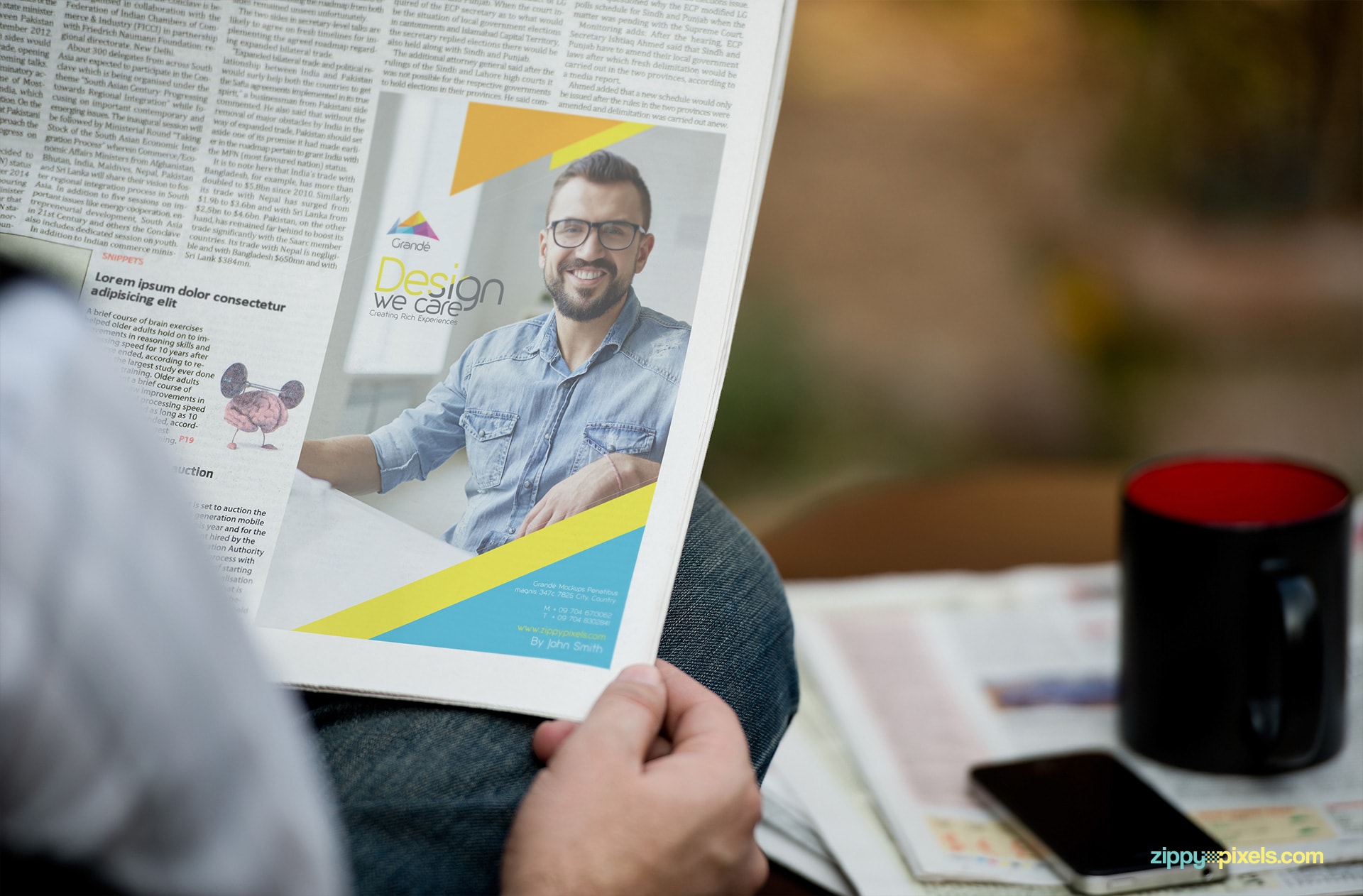 Newspaper Mockup depecting Person reading Newspaper