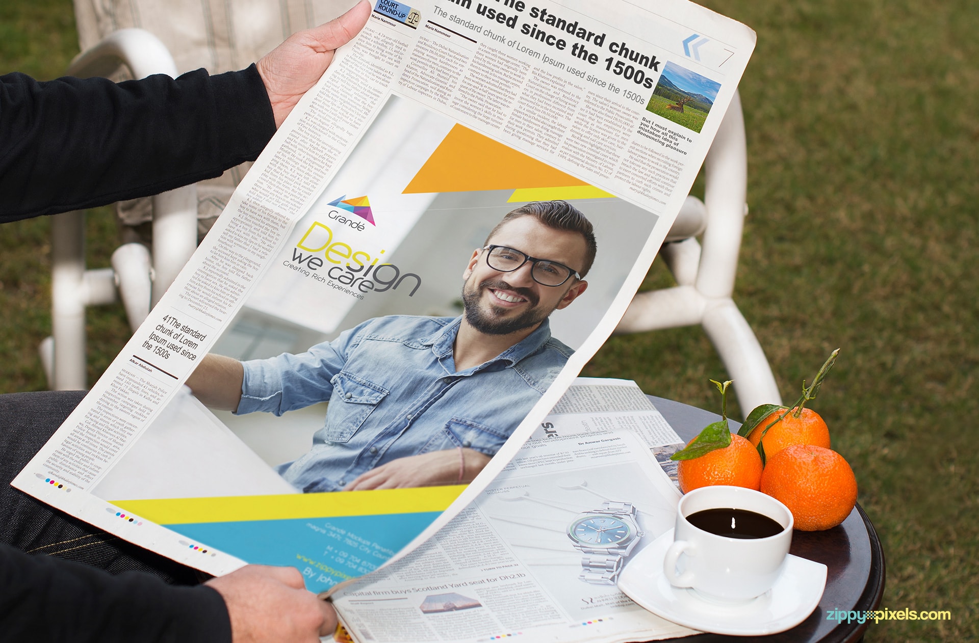 newspaper Ad PSD mockup with oranges, coffee and garden