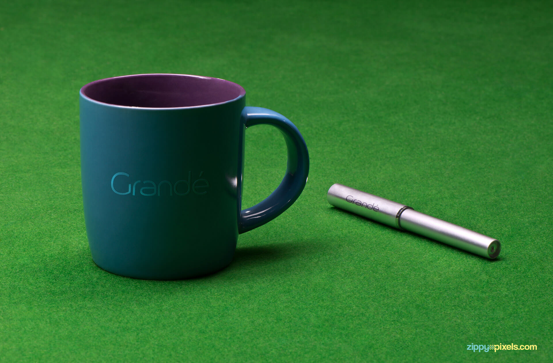 Corporate Branding Mockup of a Blue Mug with a Pen on Pool Table