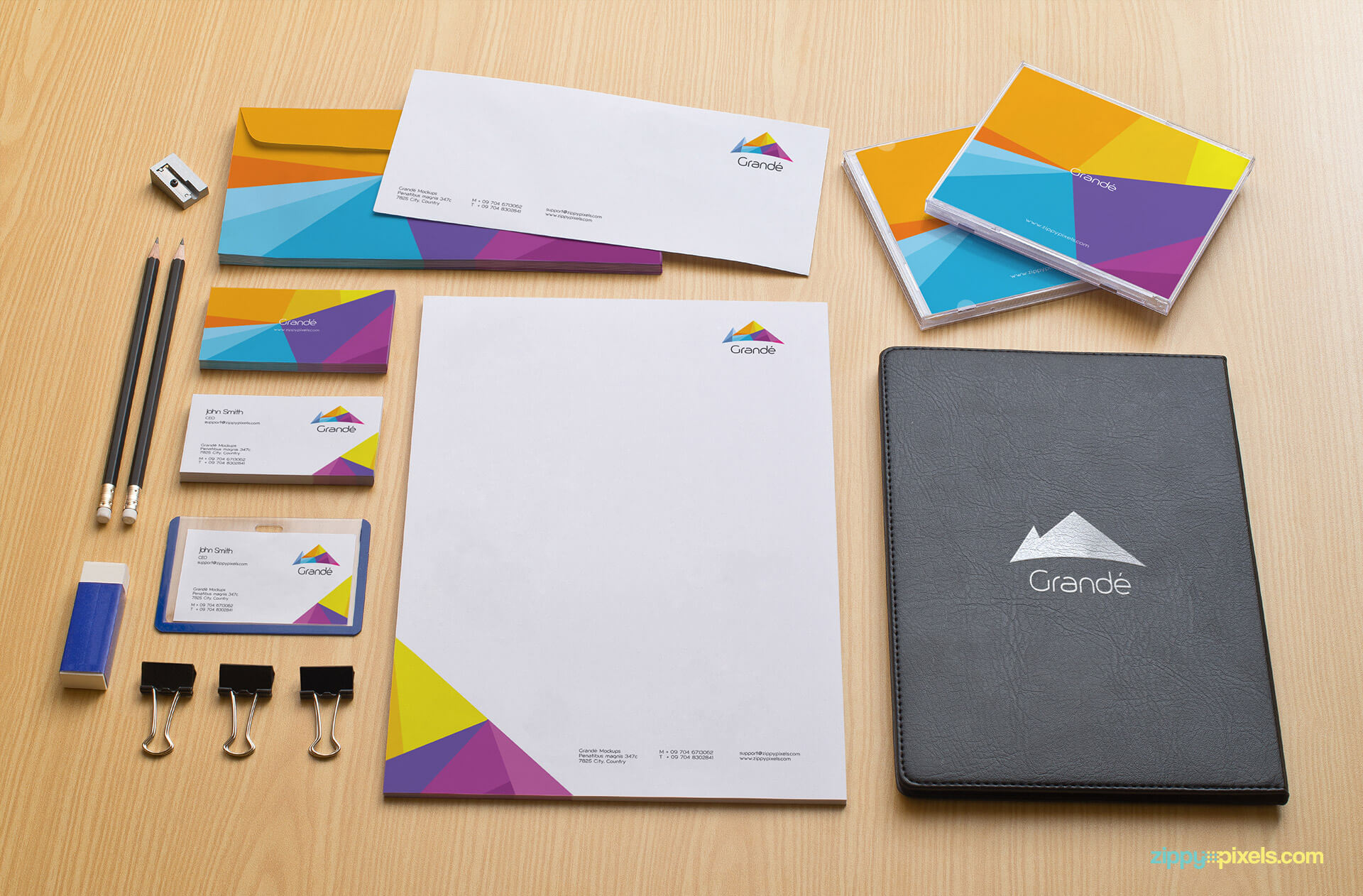 Corporate Identity Stationery Mockup with Envelopes, CD Covers, Business Cards, Letterhead and Leather Diary