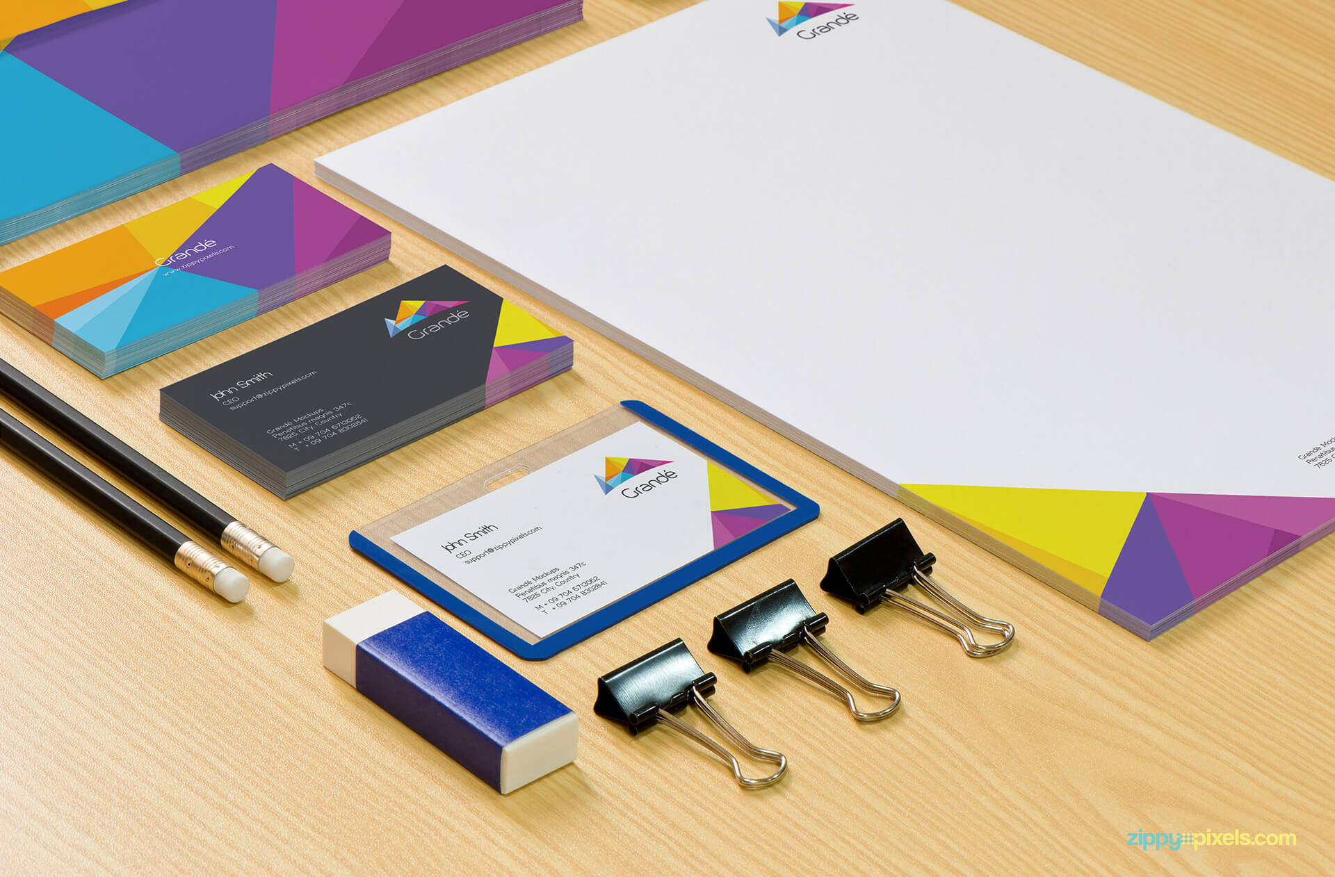 Branding Mockup of Stationery Items like Badge holder, Letterhead, Business Cards