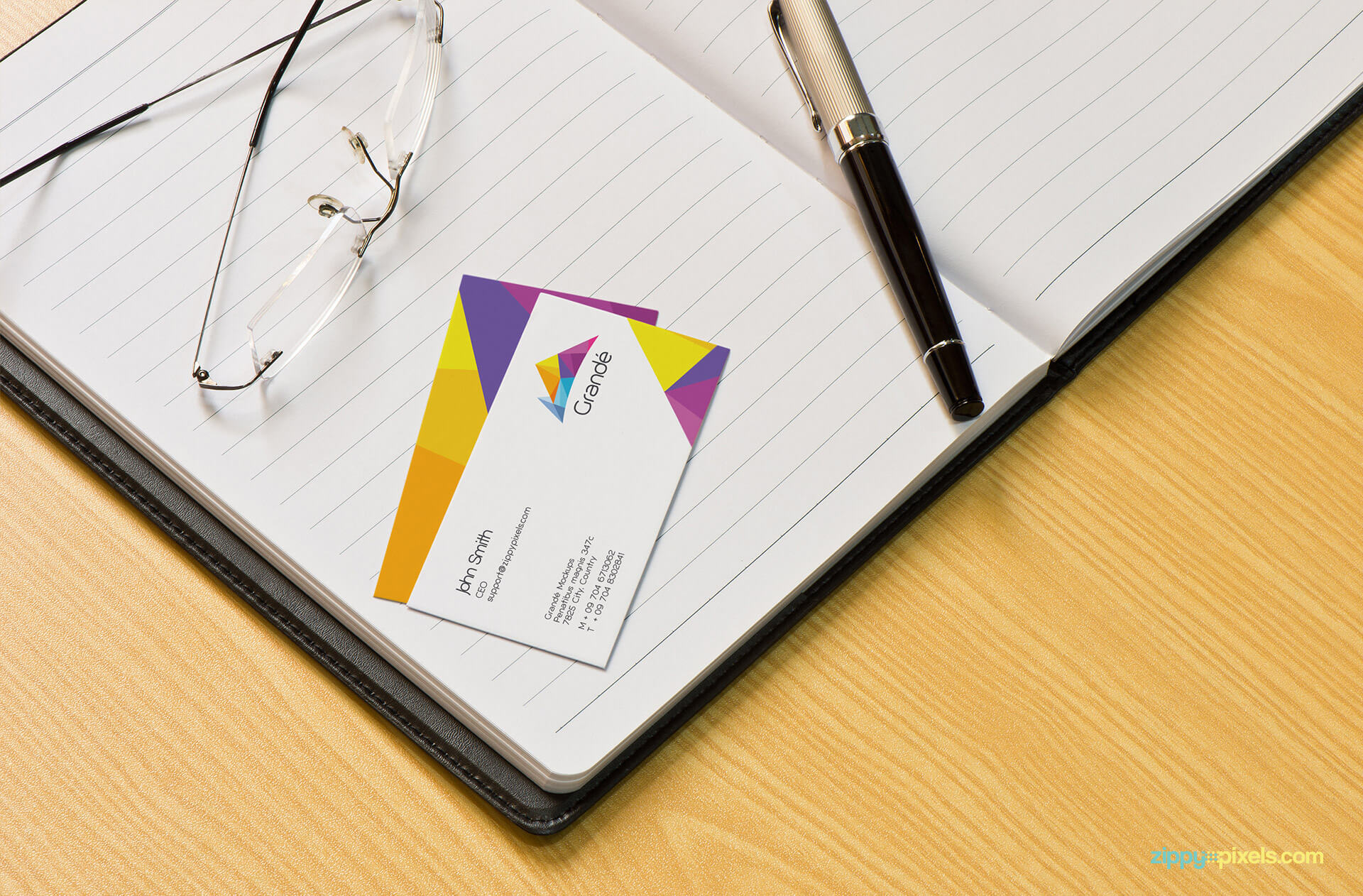 Brand Identity Mockup of 2 Business Cards on Diary with Pen and Spectacles