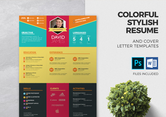 Colorful Stylish Resume and Cover Letter Templates – 3 color sets & 2 formats (DOCX & PSD)