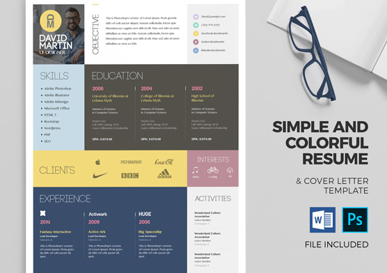 Simple and Colorful Resume & Cover Letter Template Set (PSD & DOCX)