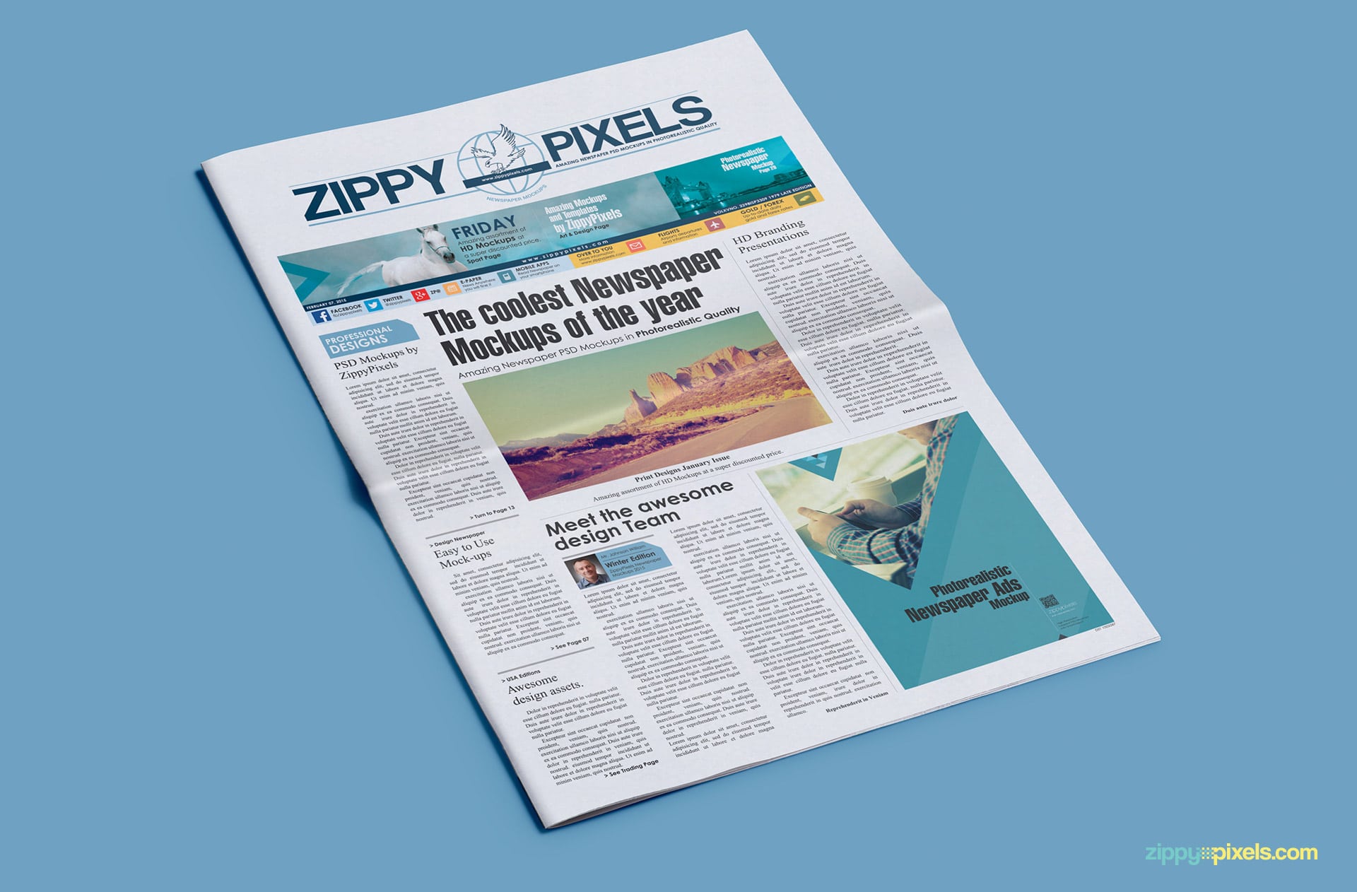 Newspaper PSD mockup with banner ad and small ⅓ page 2 column ad