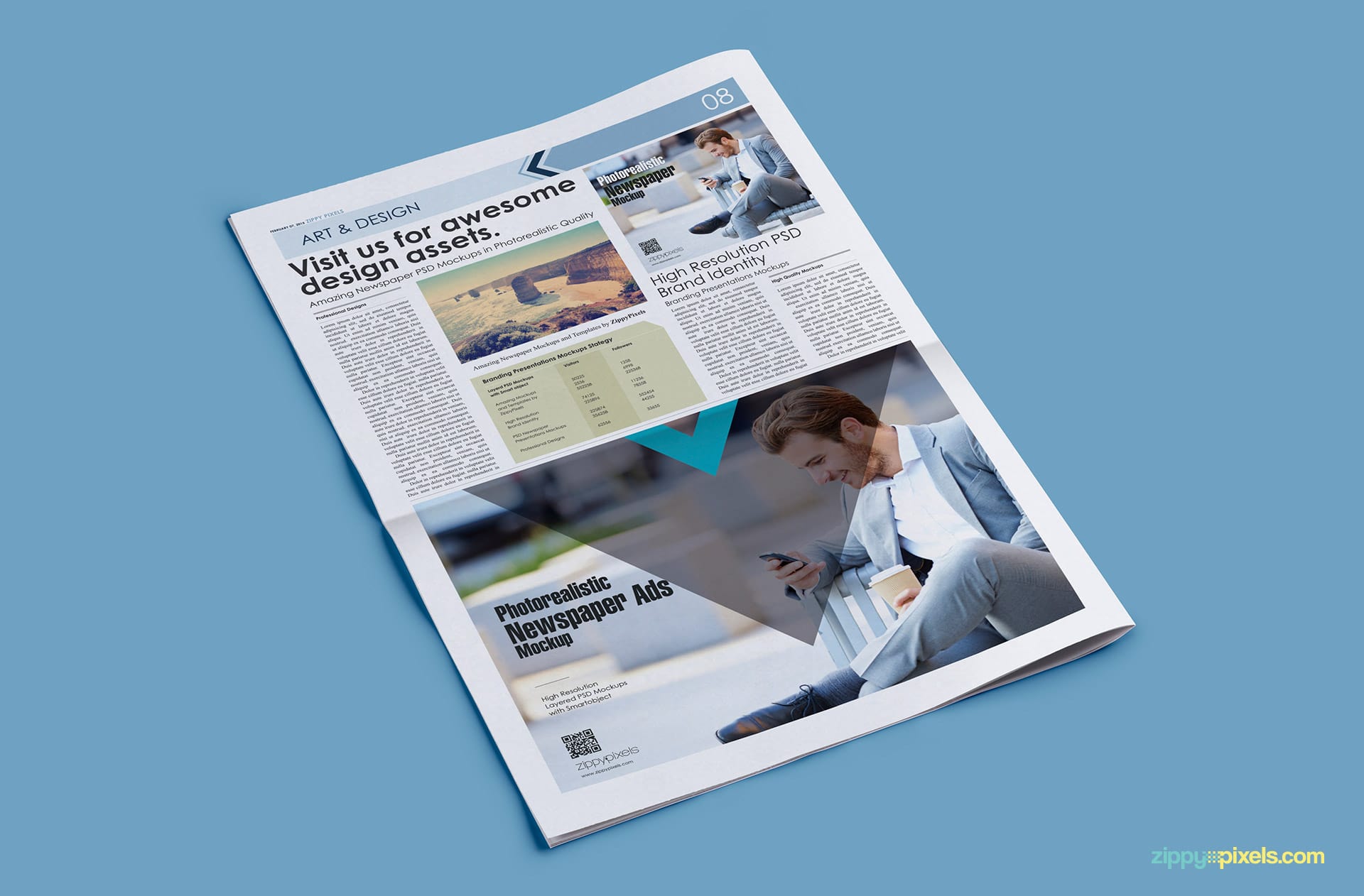 PSD mockups showing tabloid newspaper with half page horizontal ad