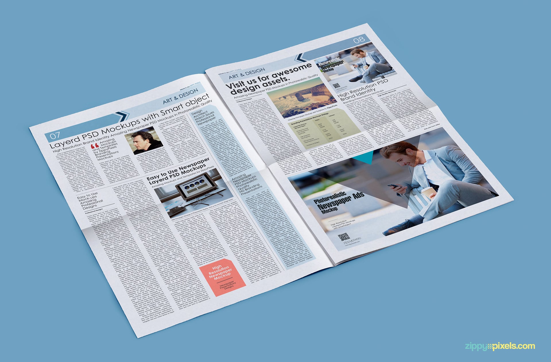 High angle pose of tabloid newspaper mockup with (5x6.29”) horizontal ad