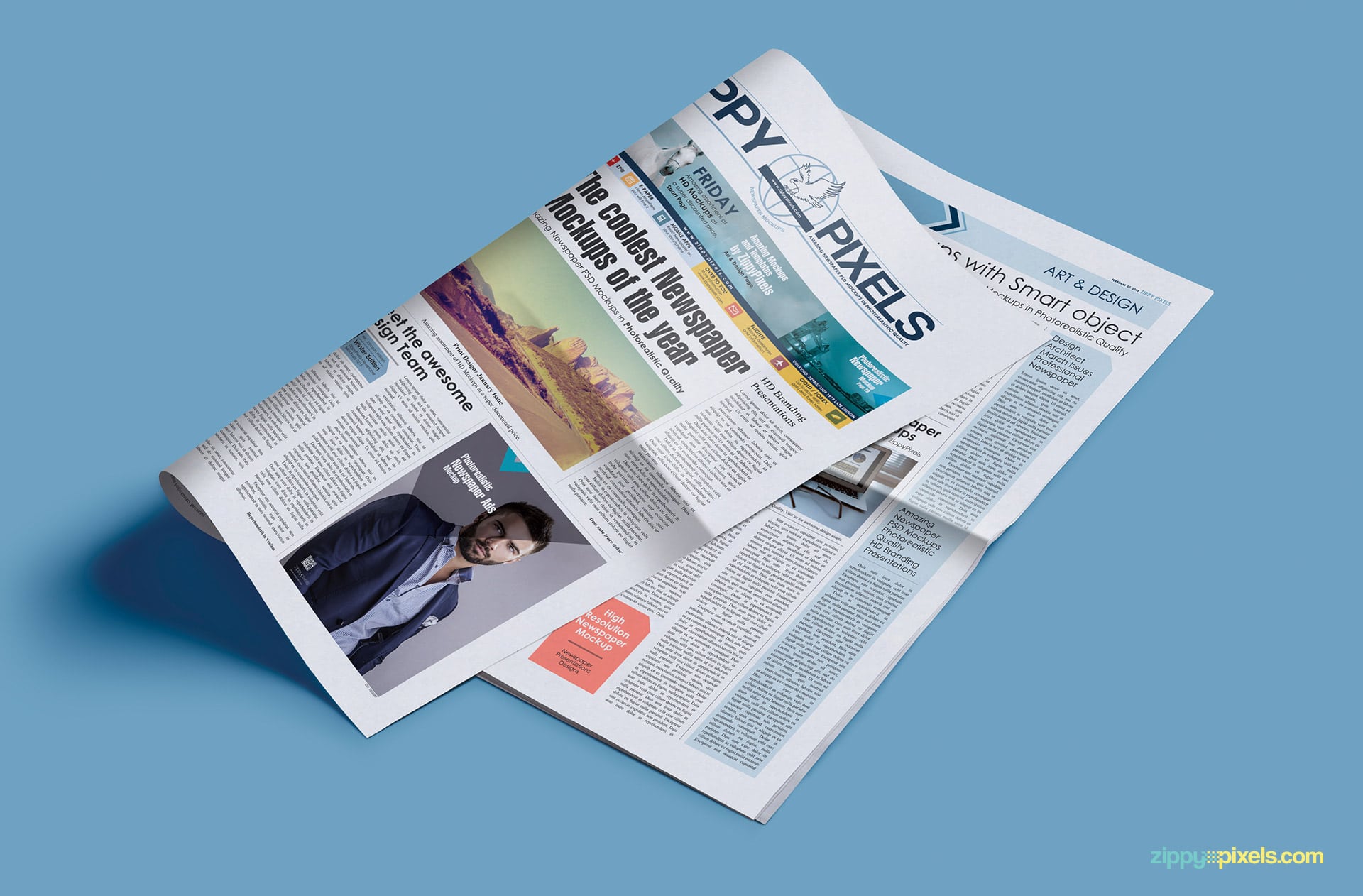 Photorealistic newspaper mockups showing turned page with (2col x 5.69in) small ad