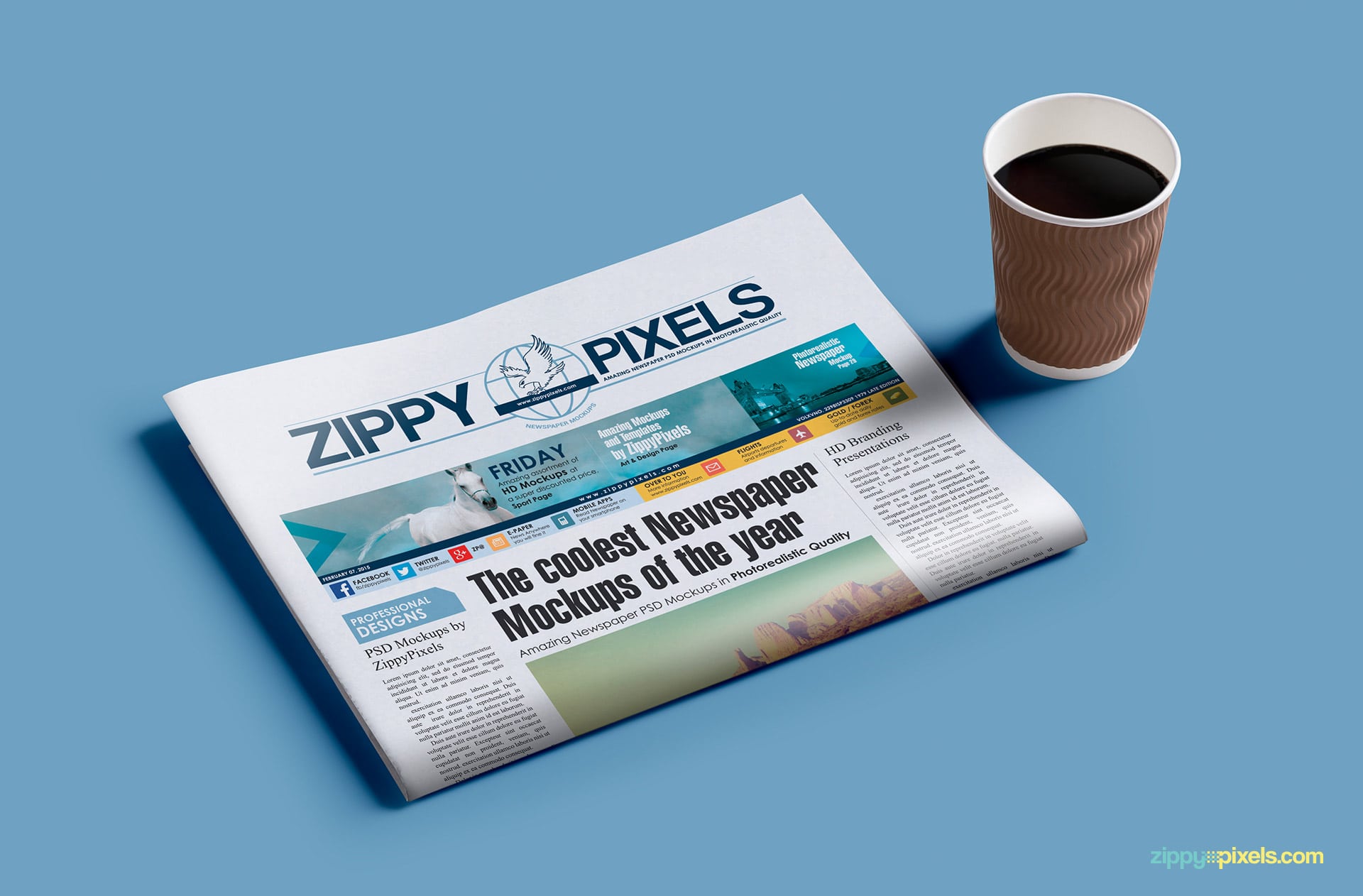 Newspaper mockups of a half-folded newspaper with coffee