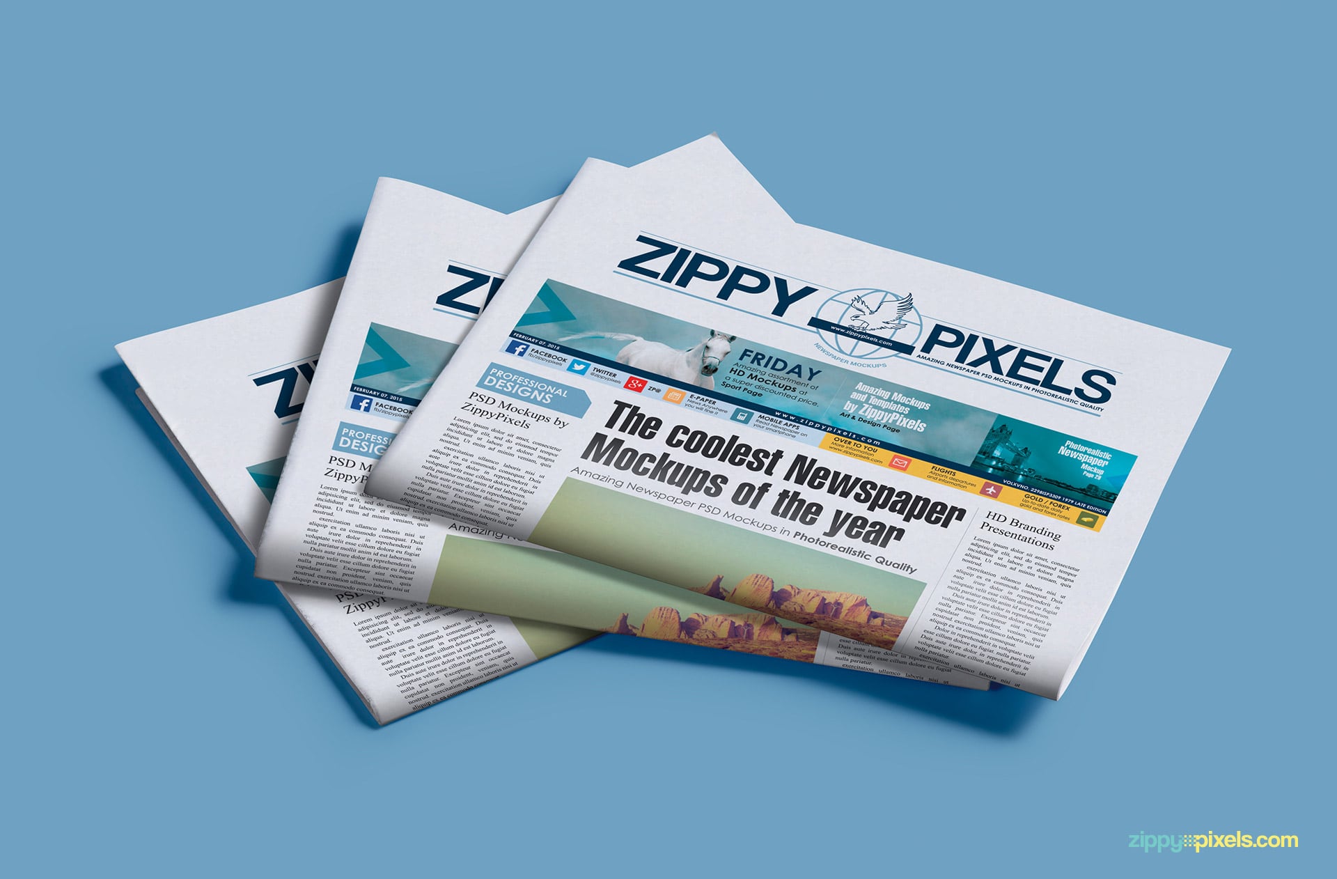 Photorealistic mockup of stack of 3 half folded newspapers with banner ads