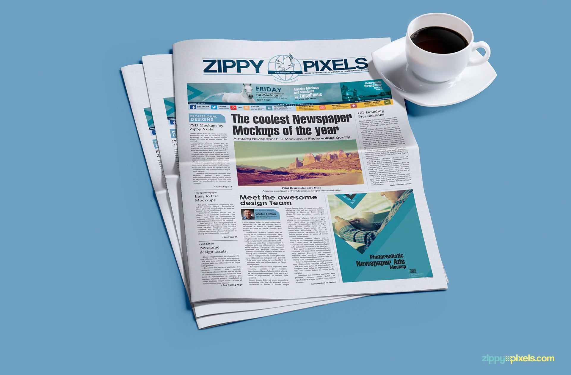 Tabloid newspaper mockup with (2x5.69 col in) ad display & a cup of tea