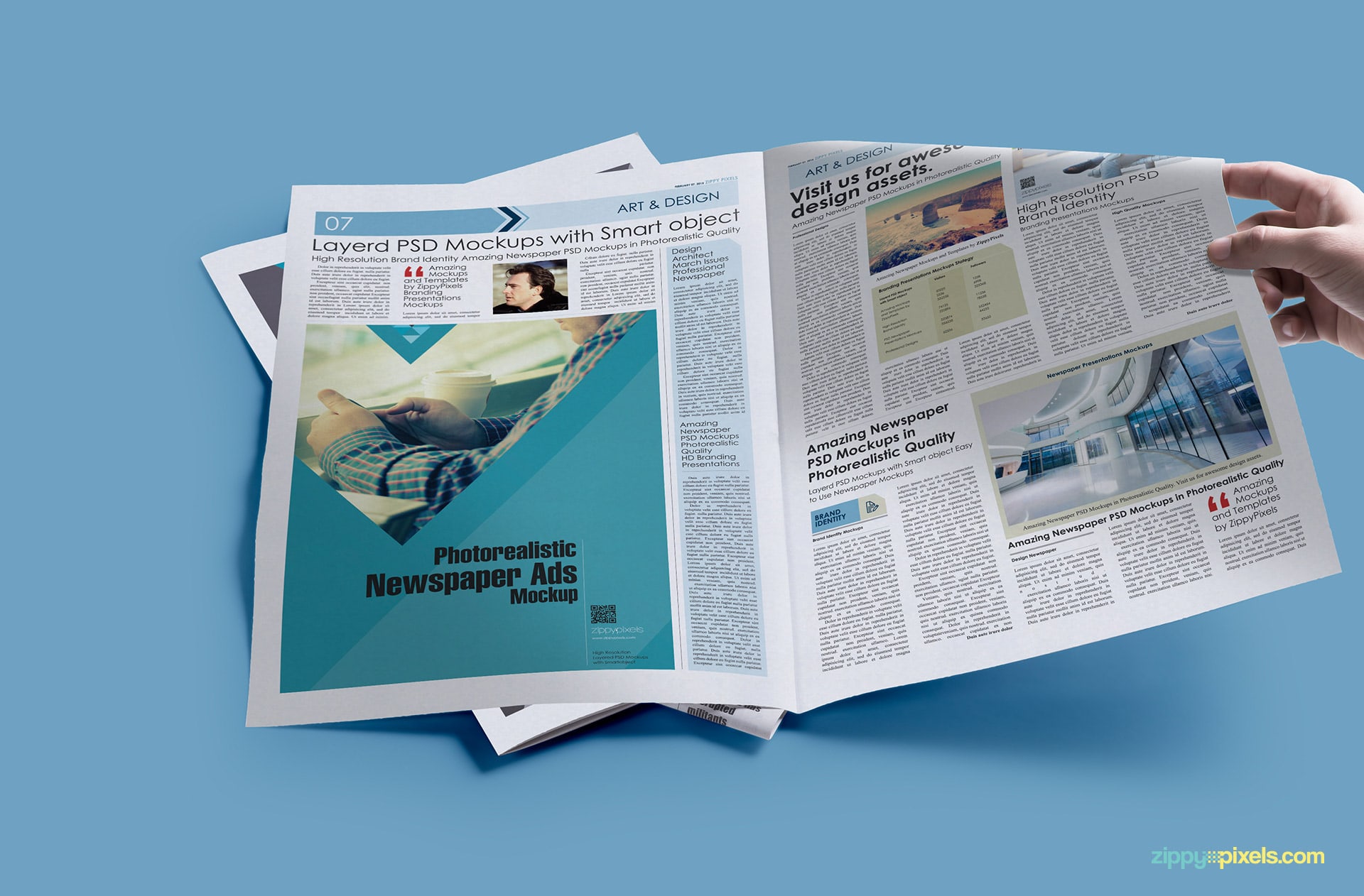 Newspaper mockup with hand- full spread newspaper displaying Large Ad(4x11.83 col in)