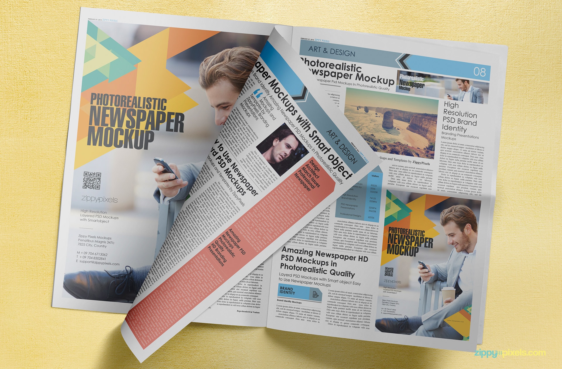 full spread tabloid newspaper mockup lying flat showing 3 pages & a quarter page ad