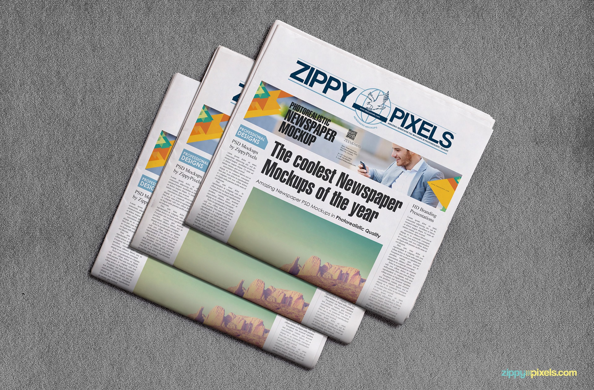 Trio of folded broadsheet newspaper lying flat to show newspaper & ad designs with editable background