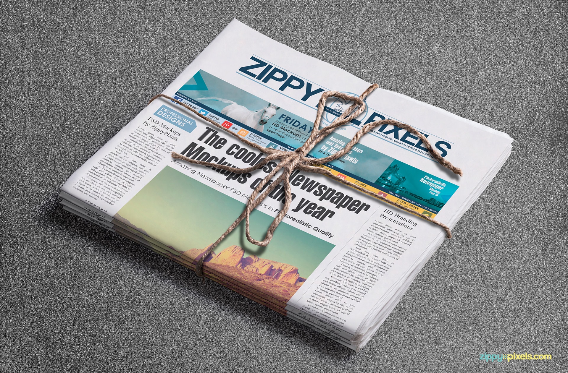 Newspaper mockups showing bundle of newspaper with banner ad with customizable background