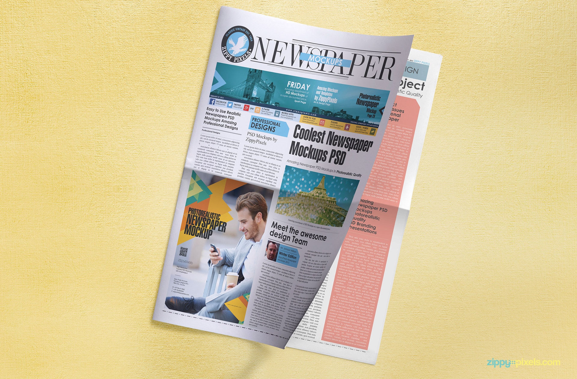 PSD Mockup showing front page of tabloid newspaper giving view of a quarter page ad space and peak at inner page