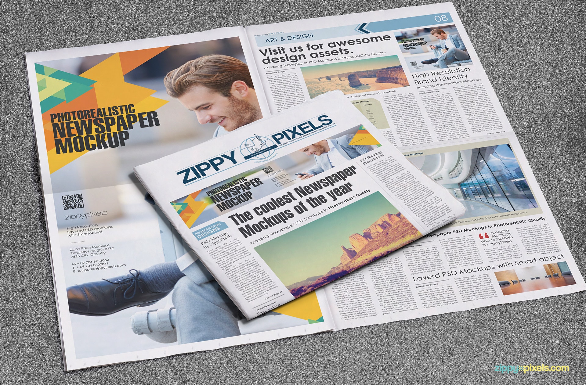 Newspaper mockup showing a full spread broadsheet newspaper & half-fold newspaper with full page & banner ads