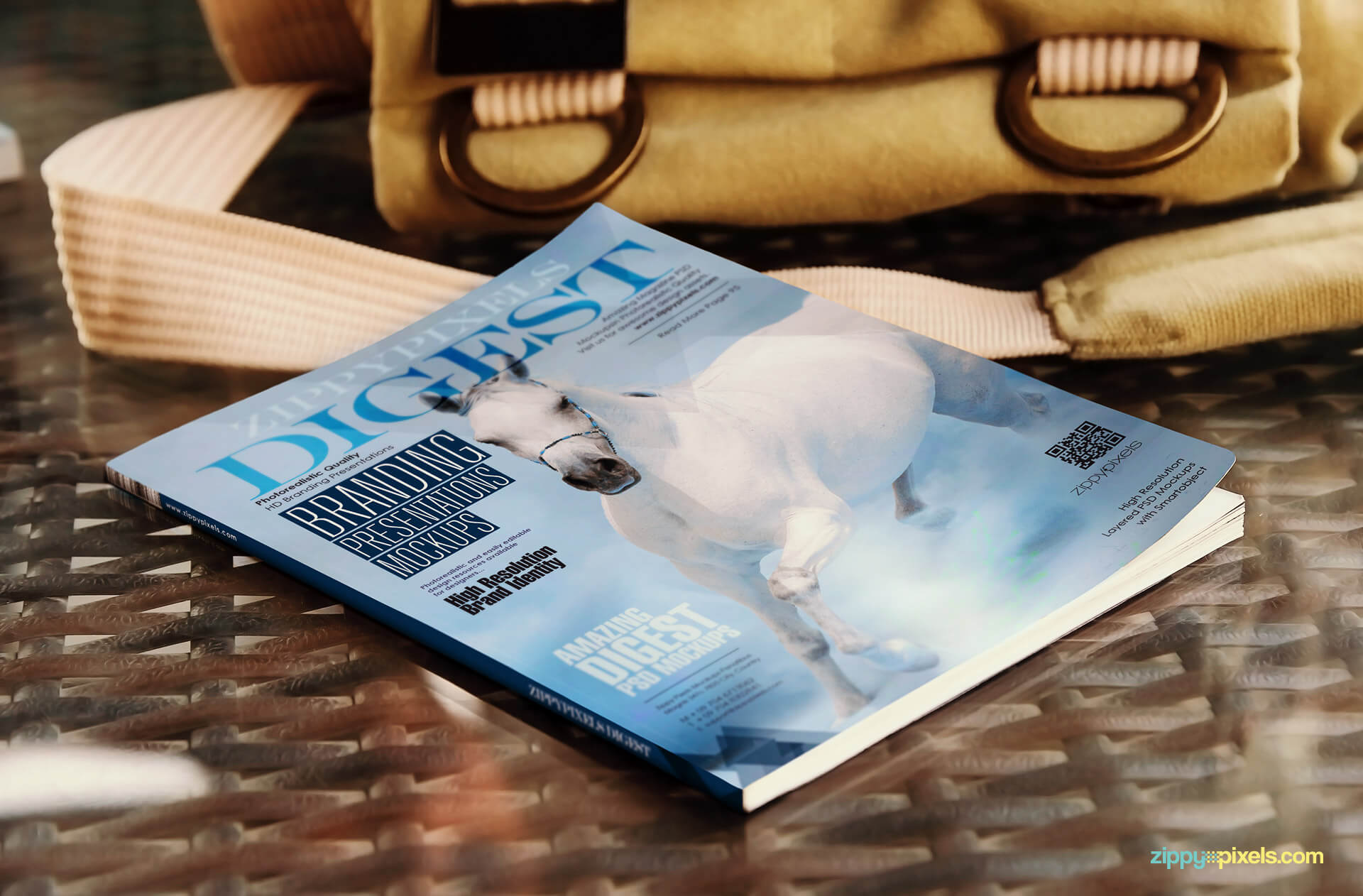 Front cover digest size magazine mockup lying flat on table