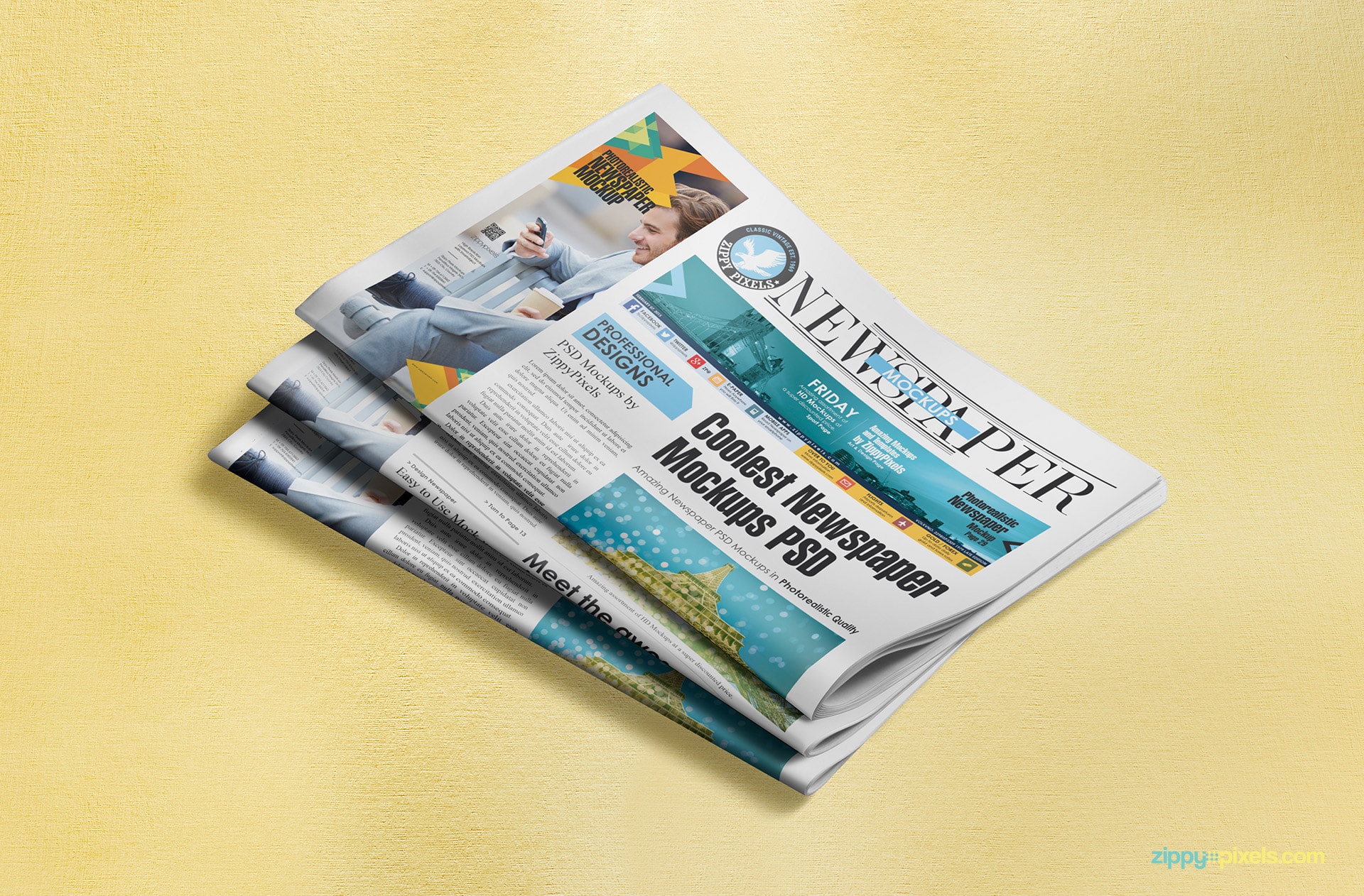 Stack of half-fold newspaper lying on showing a single column ad and a banner ad