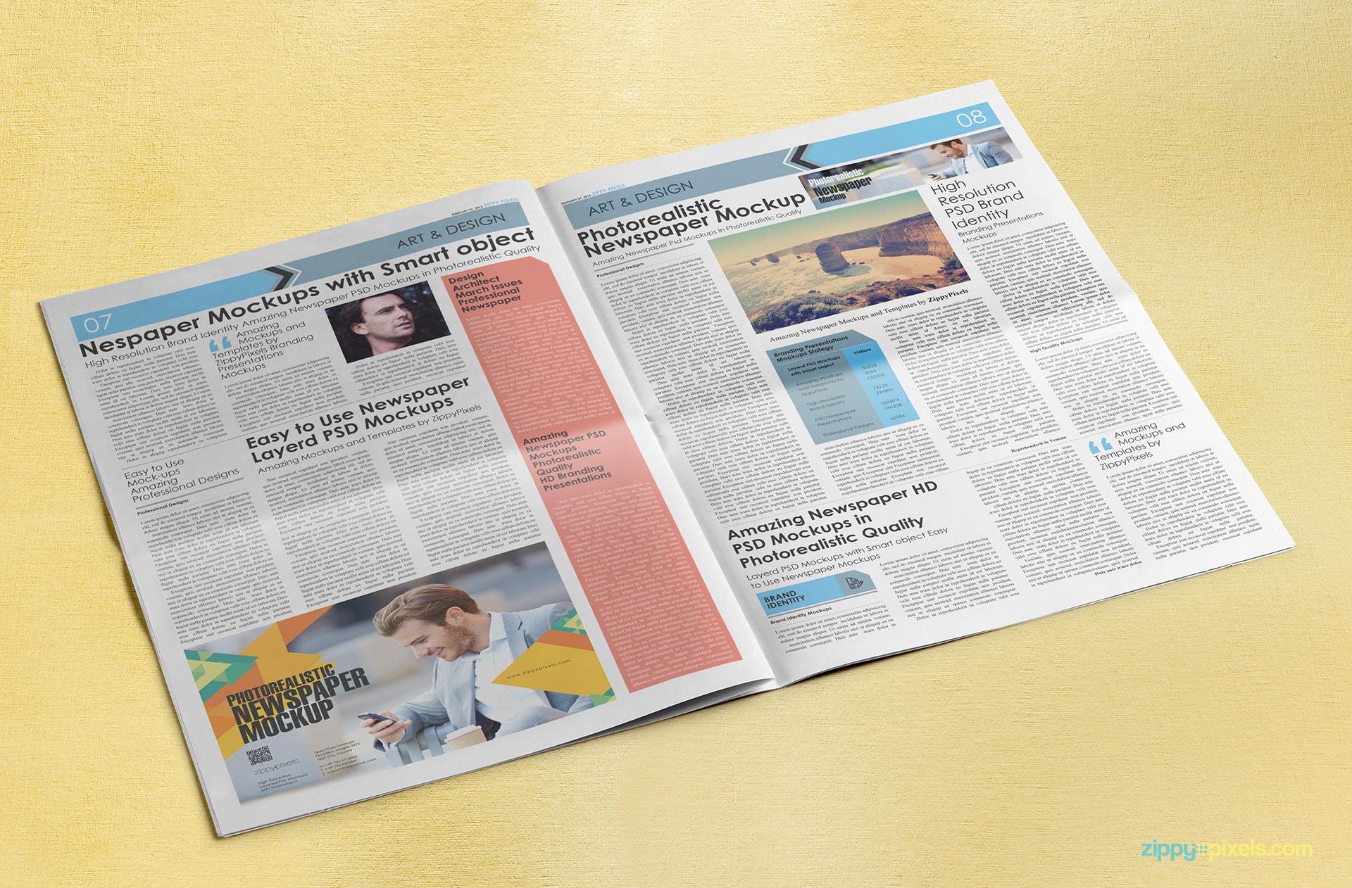 Full spread compact/tabloid newspaper mockup with a 3 column ⅓ page advertisement display