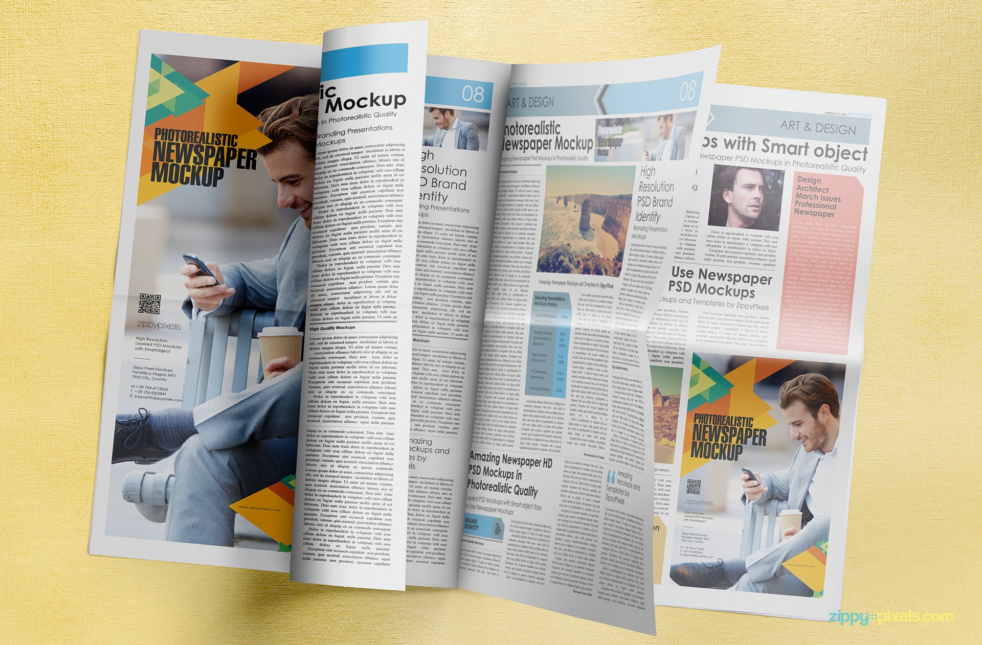 Amazing mockup of turning newspaper pages with large ad & full page ad