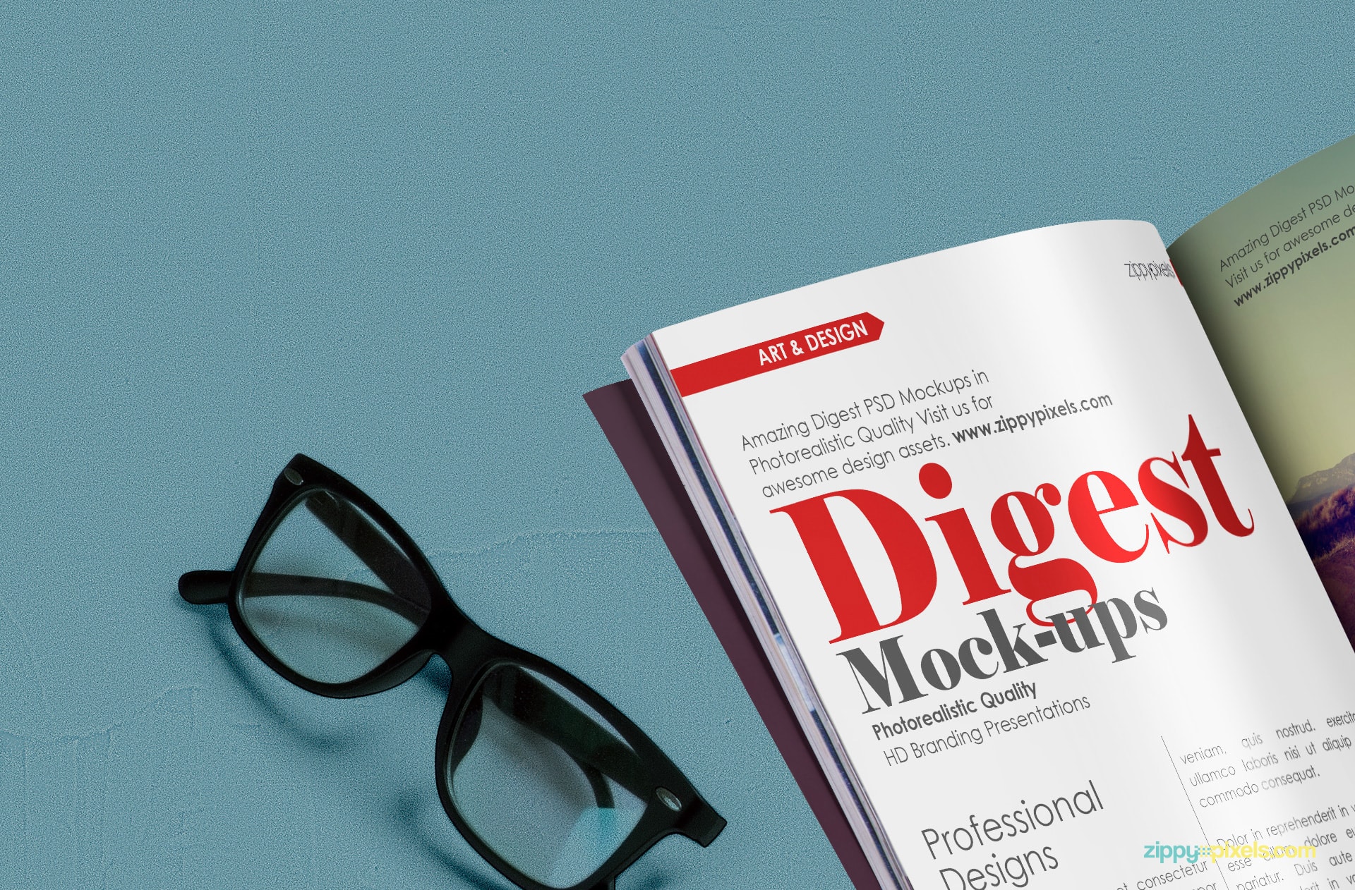 Closeup view of free magazine digest mockup showing glasses and inner pages& inner page designs