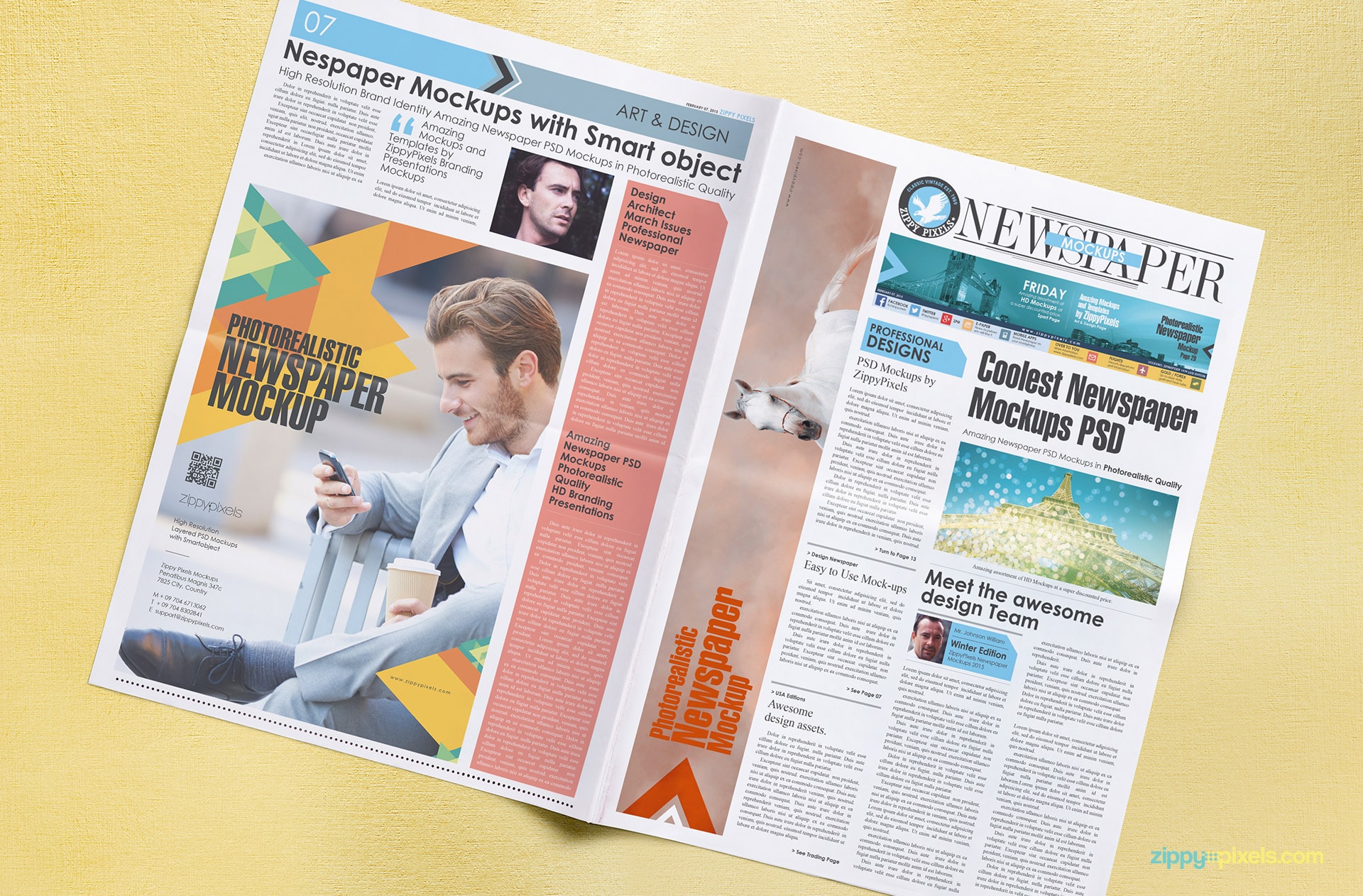 High angle shot of tabloid newspaper mockup with full column ad & large ad