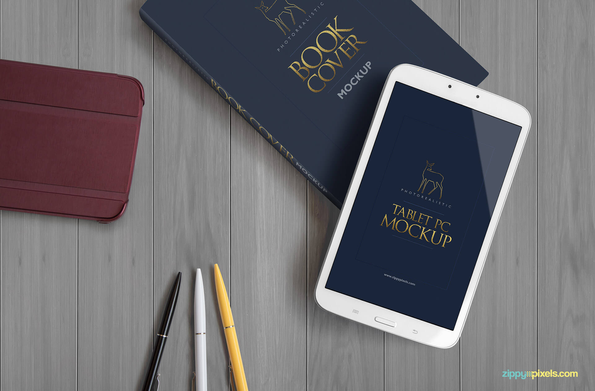 Photorealistic book Mockup - top down view of hardcover book, tablet, tablet cover and pens