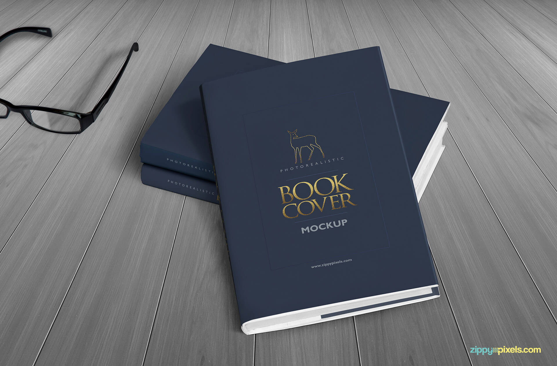 Hardcover book mockups - Two books lying on each other with a pair of glasses on side