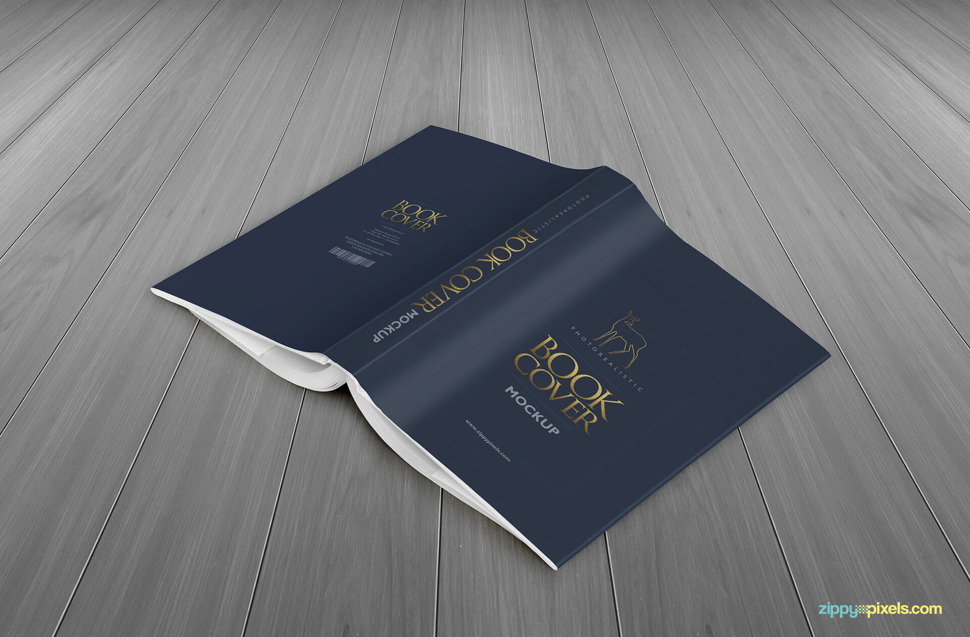 A book lying face down shoing full book dust cover design in this book mockup