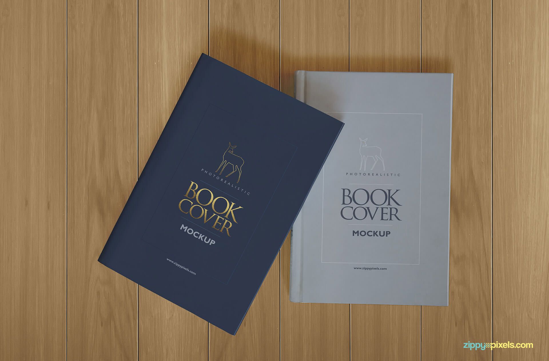 Hardcover book mockup showing two books with hardback and dustcover lying on table