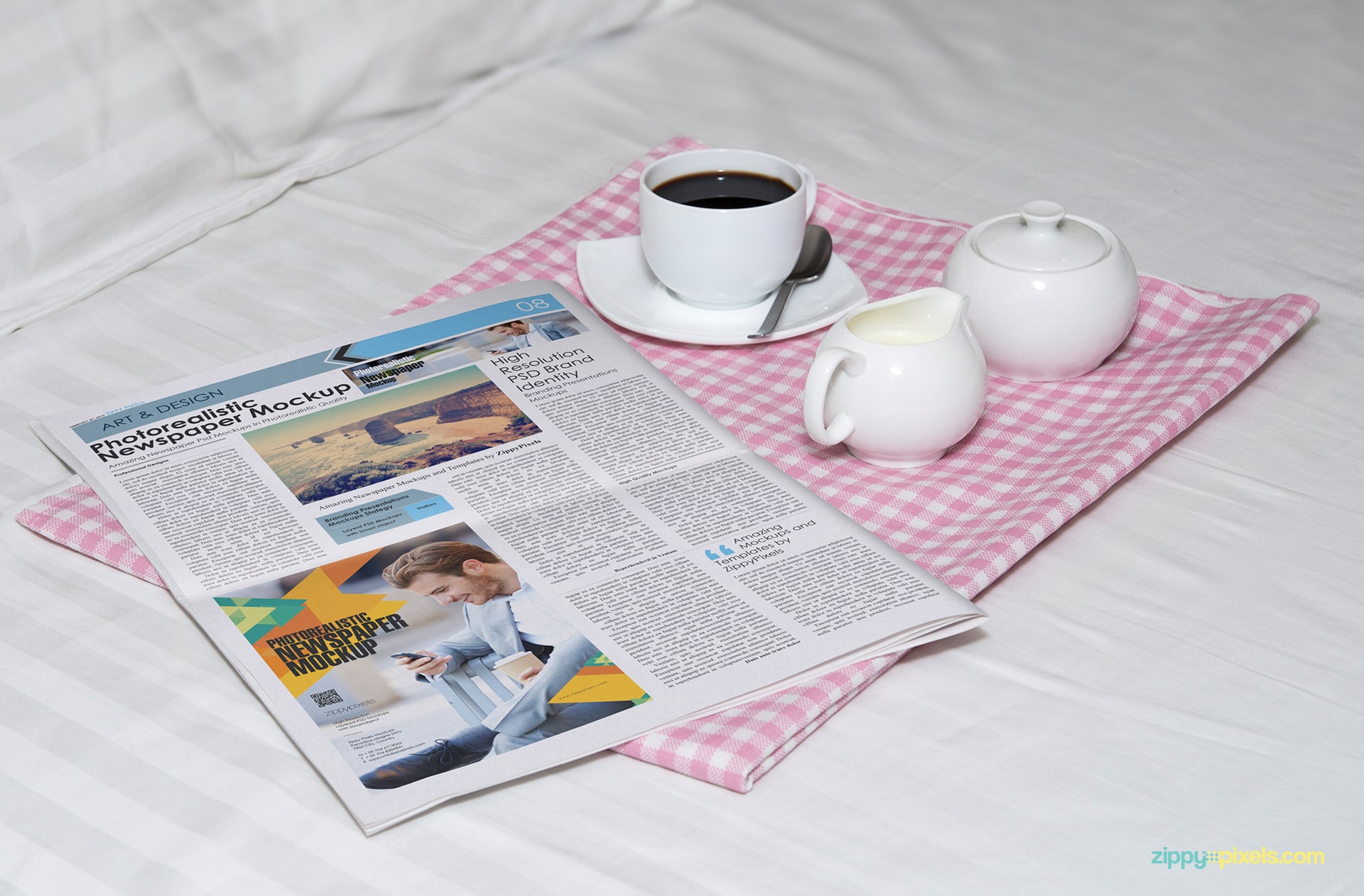 Berliner newspaper showing quarter page ad with tea set on bed