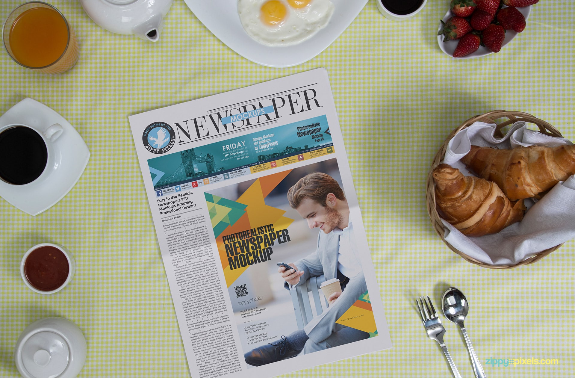 Awesome Newspaper Mockup showing large ad on tabloid newspaper in Top down view of breakfast table