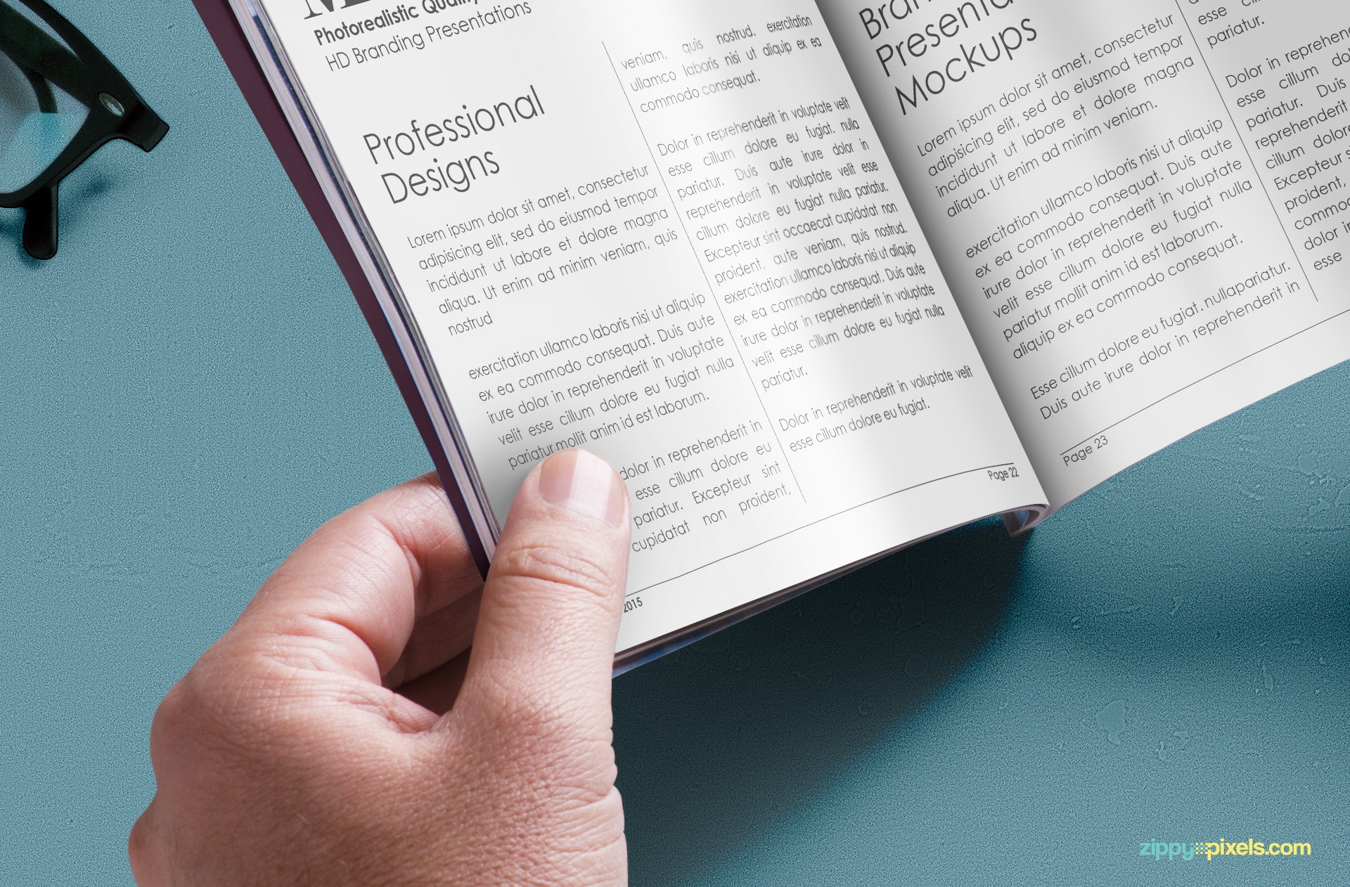 Closeup view of free digest size magazine mockup for showcasing inner page designs