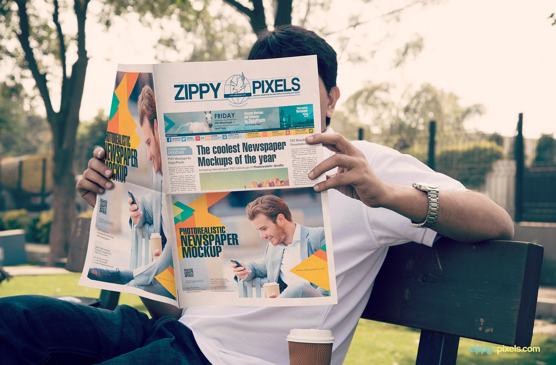 Outdoor newspaper ad mockups showing person read newspaper in garden showing half & full page ads