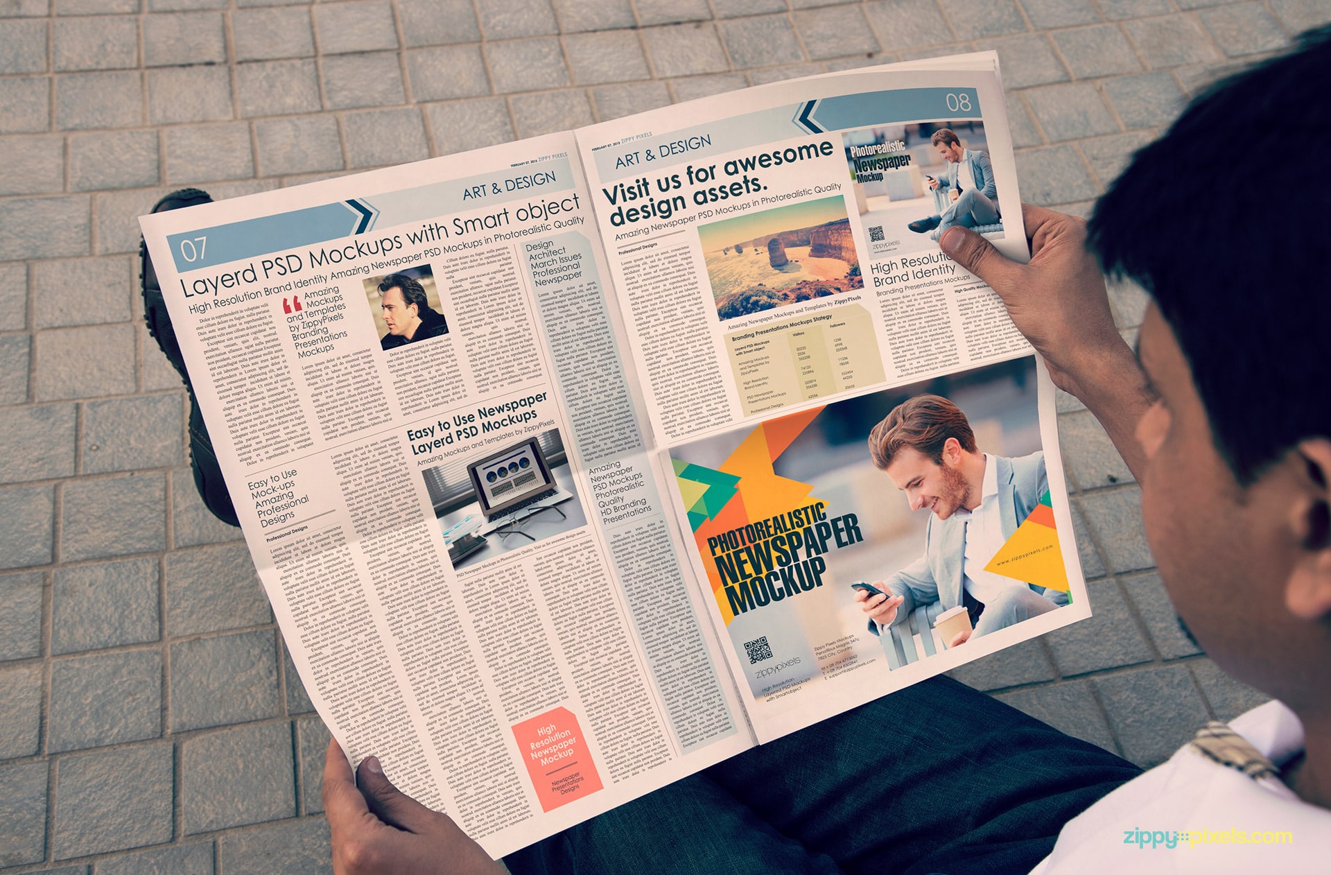 Newspaper mockup showing half page newspaper ad in person hands