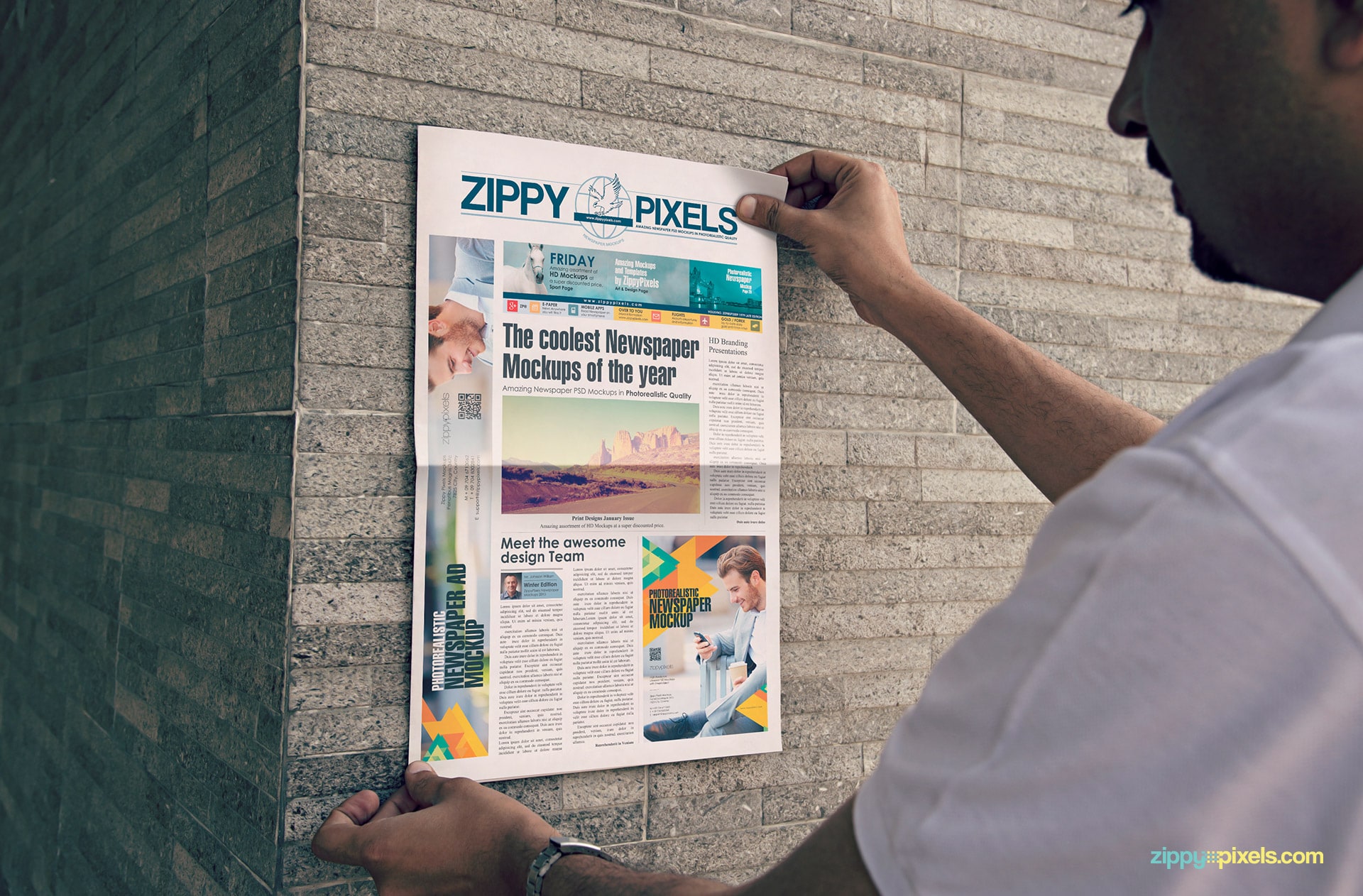 Photorealistic PSD Mockup of Berliner Newspaper Held Straight against Wall showing quarter page & single column ad