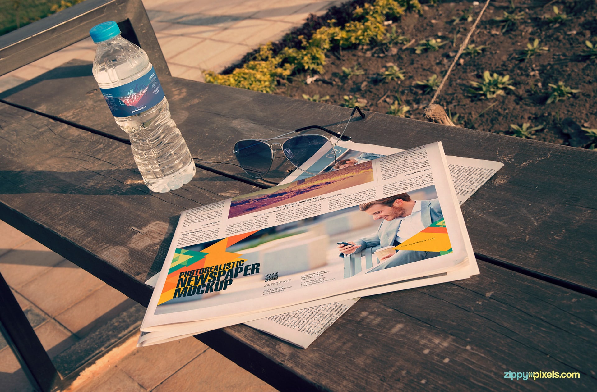 Advertising newspaper mockup - 2 half folded newspaper & water bottle lying on bench in garden