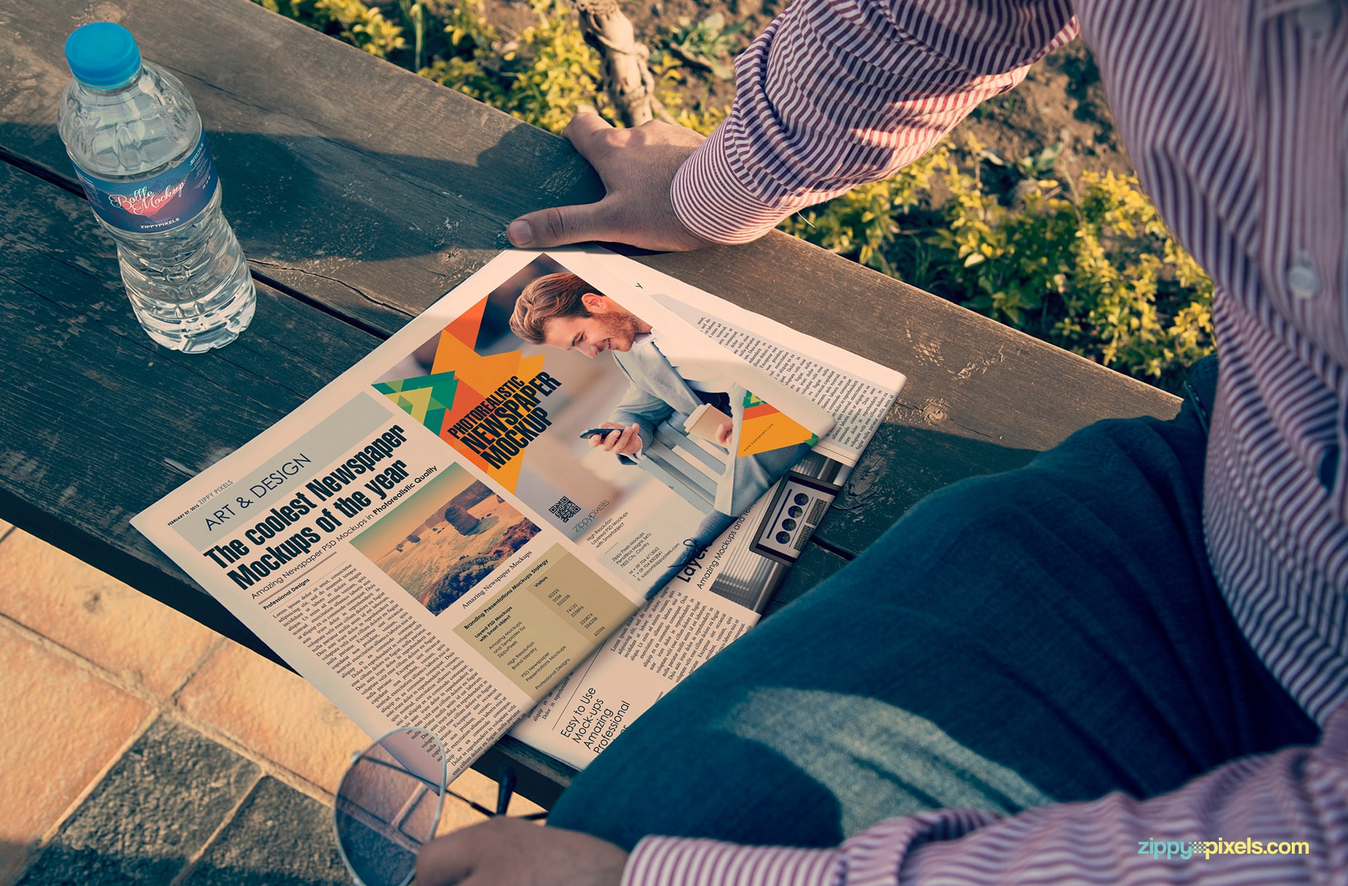 photorealistic newspaper mockup showing quarter page on half fold newspaper with water bottle sitting on bench