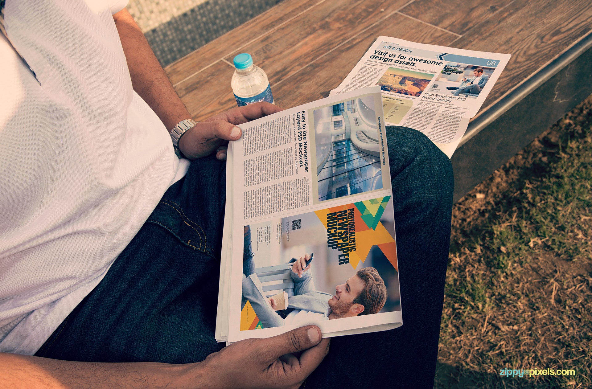 photorealistic newspaper mockup showing berliner newspaper with quarter page ad