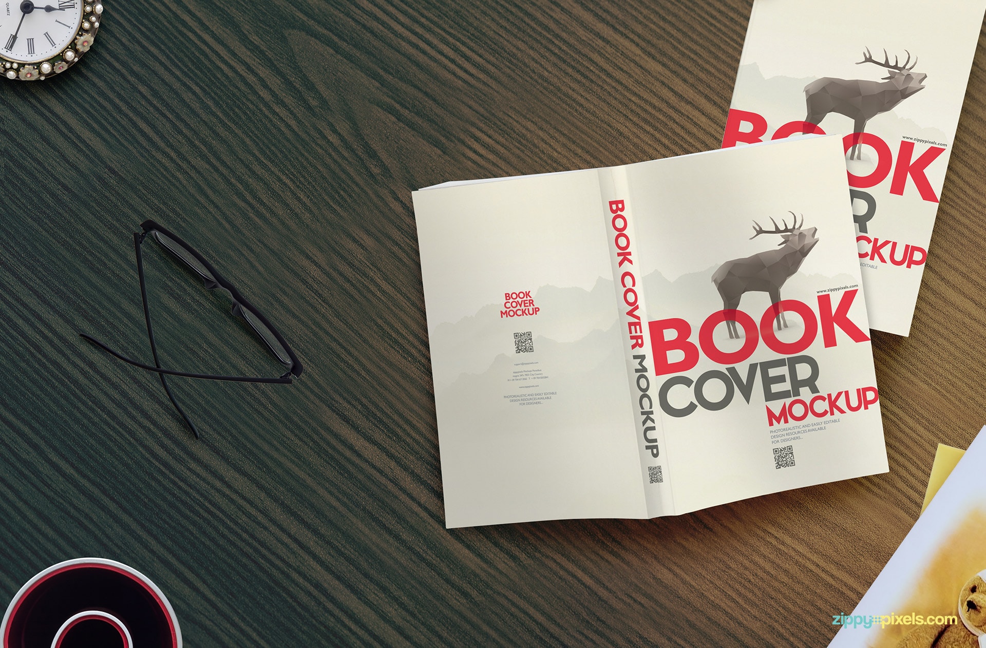 Paperback book mockup showing two paperbacks for showing softcover designs with a get greeting card lying on the side.