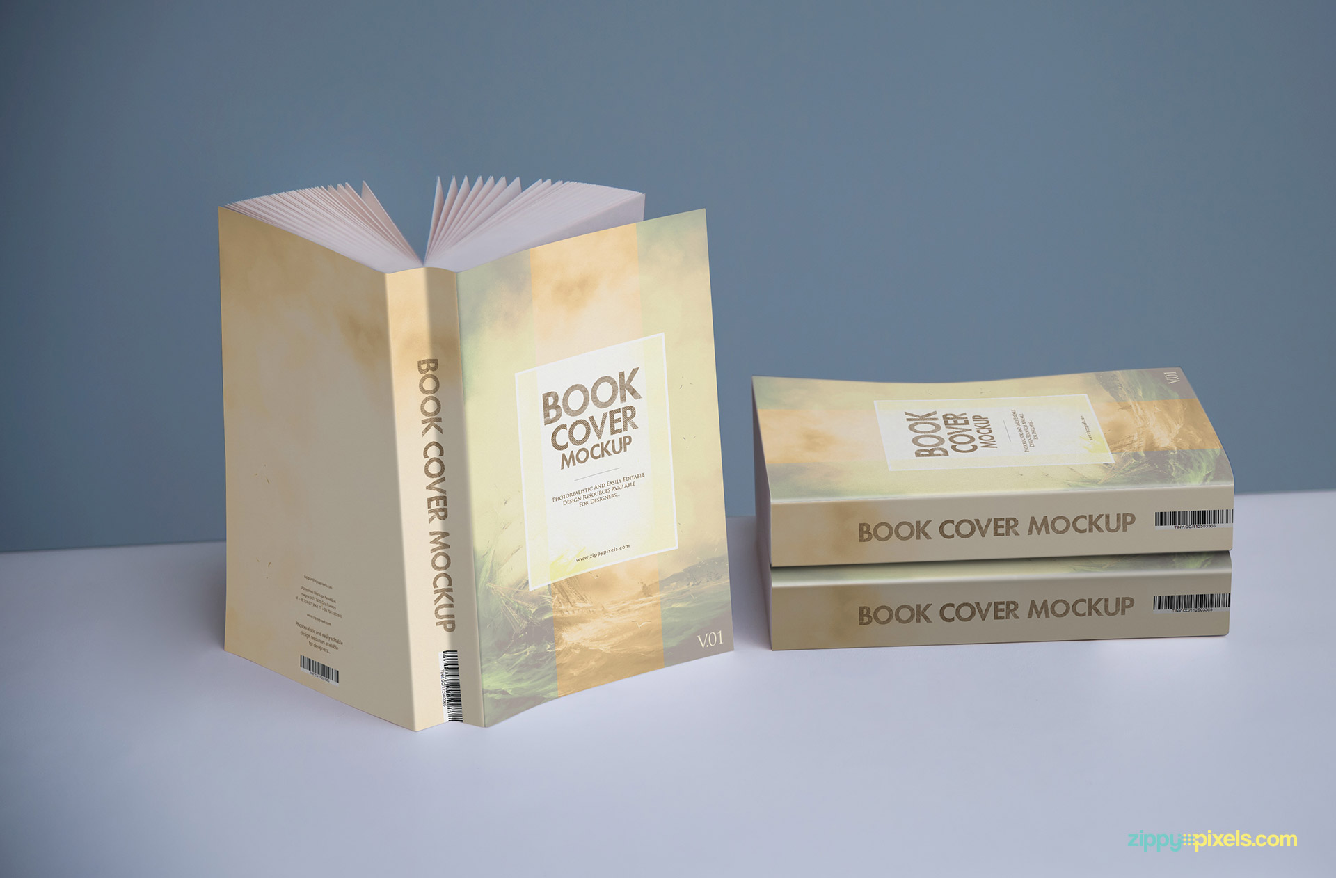 Realistic book cover mockup showing cover designs on three paperback novels