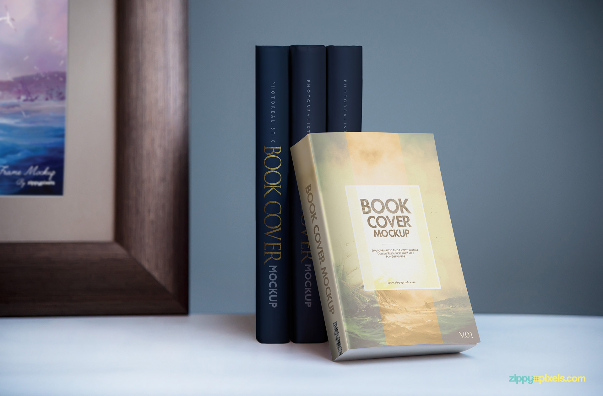 Softcover book cover mockup with hardcover books