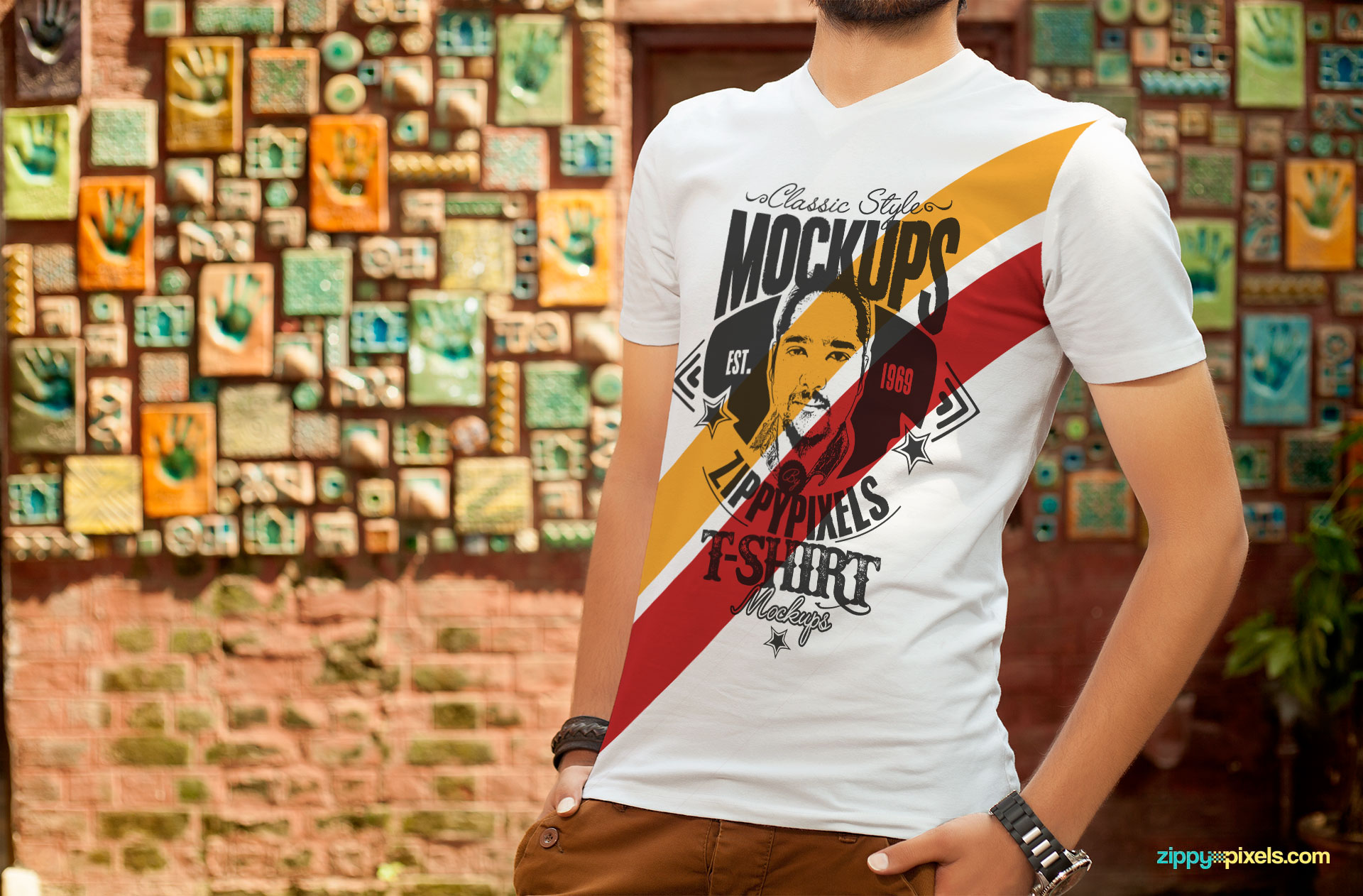 V-neck T-shirt PSD Mockup with beautiful background