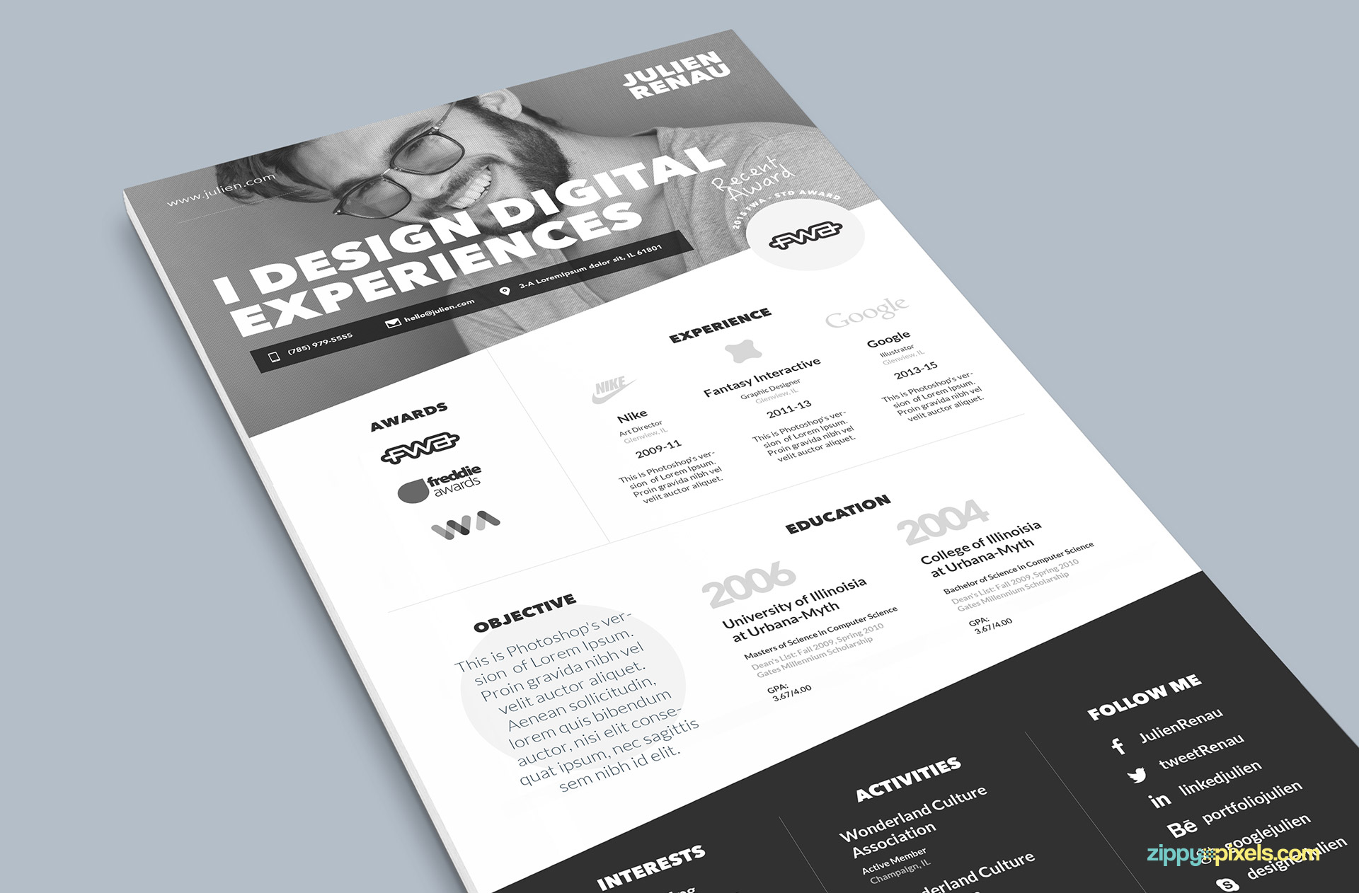 Black One Page Resume PSD Template