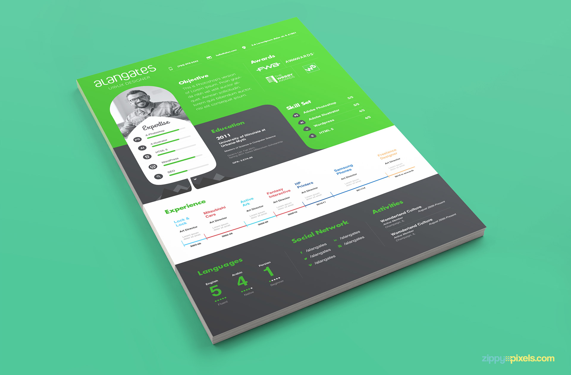 Beauitful Green and White Color Resume Template PSD