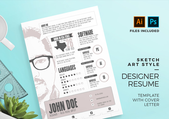 Sketch Art Style Designer Resume Template with Cover Letter (PSD & AI)